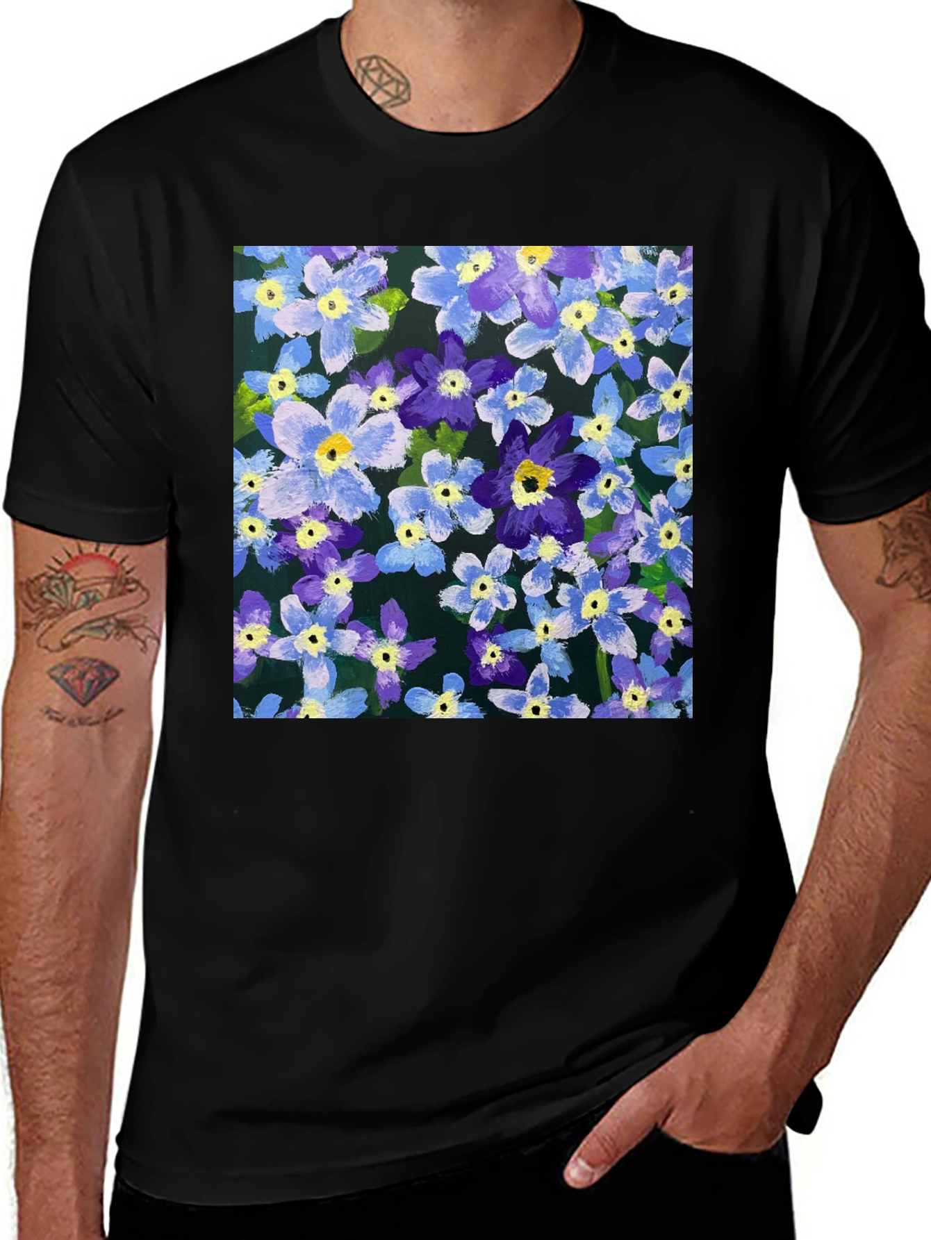 Variant 28 of Floral T-Shirt - Blue and Purple Flowers on Black