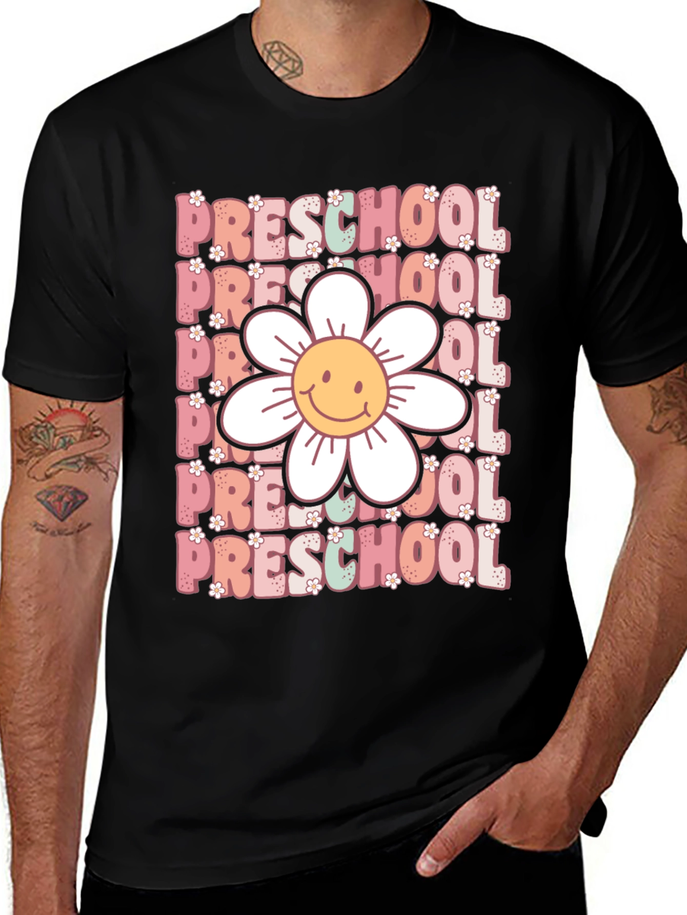 Black Preschool Teacher T-Shirt - Floral Graphic main image