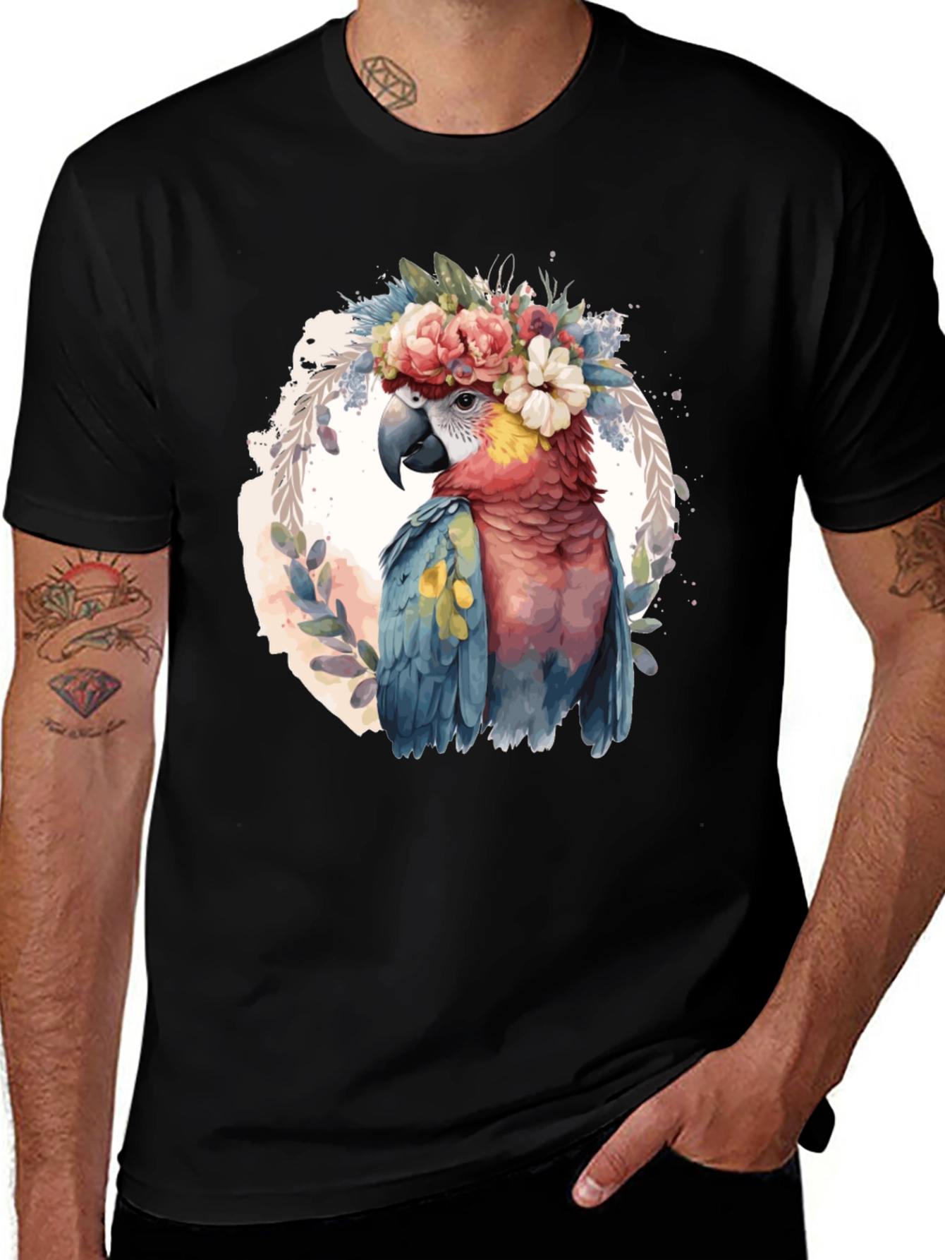 Variant 16 of Parrot Floral Crown T-Shirt - Men's Black Tee