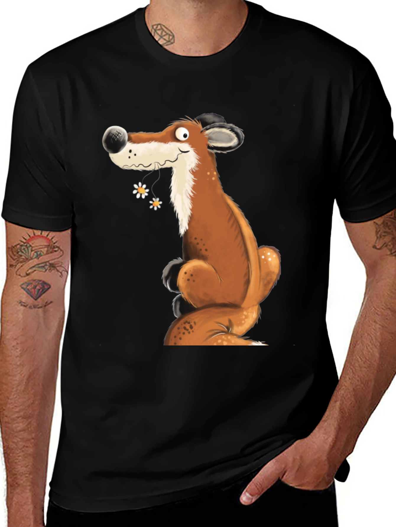 Cartoon Fox Graphic Print Black T-Shirt