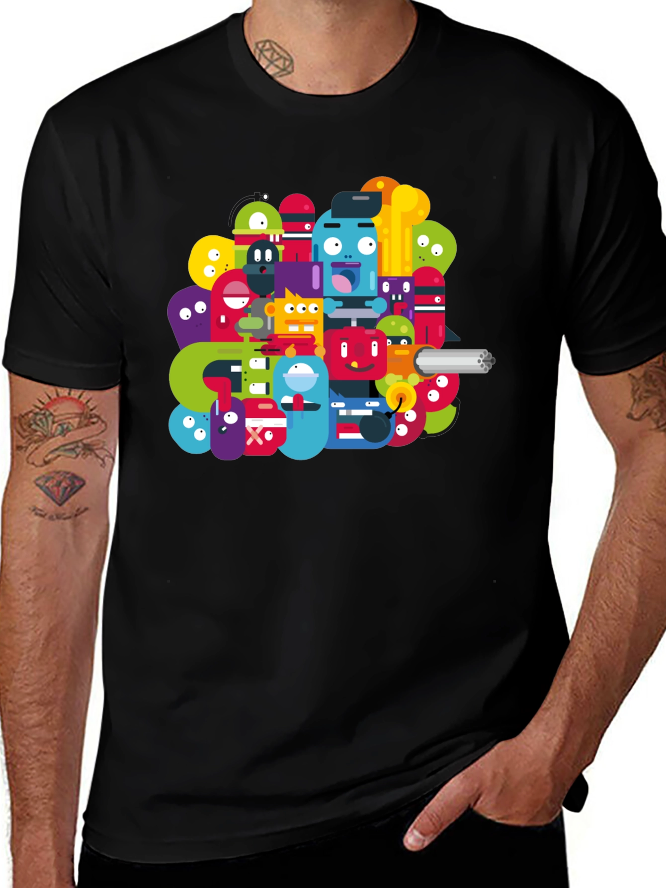 Variant 24 of Funky Cartoon Character Graphic Black T-Shirt