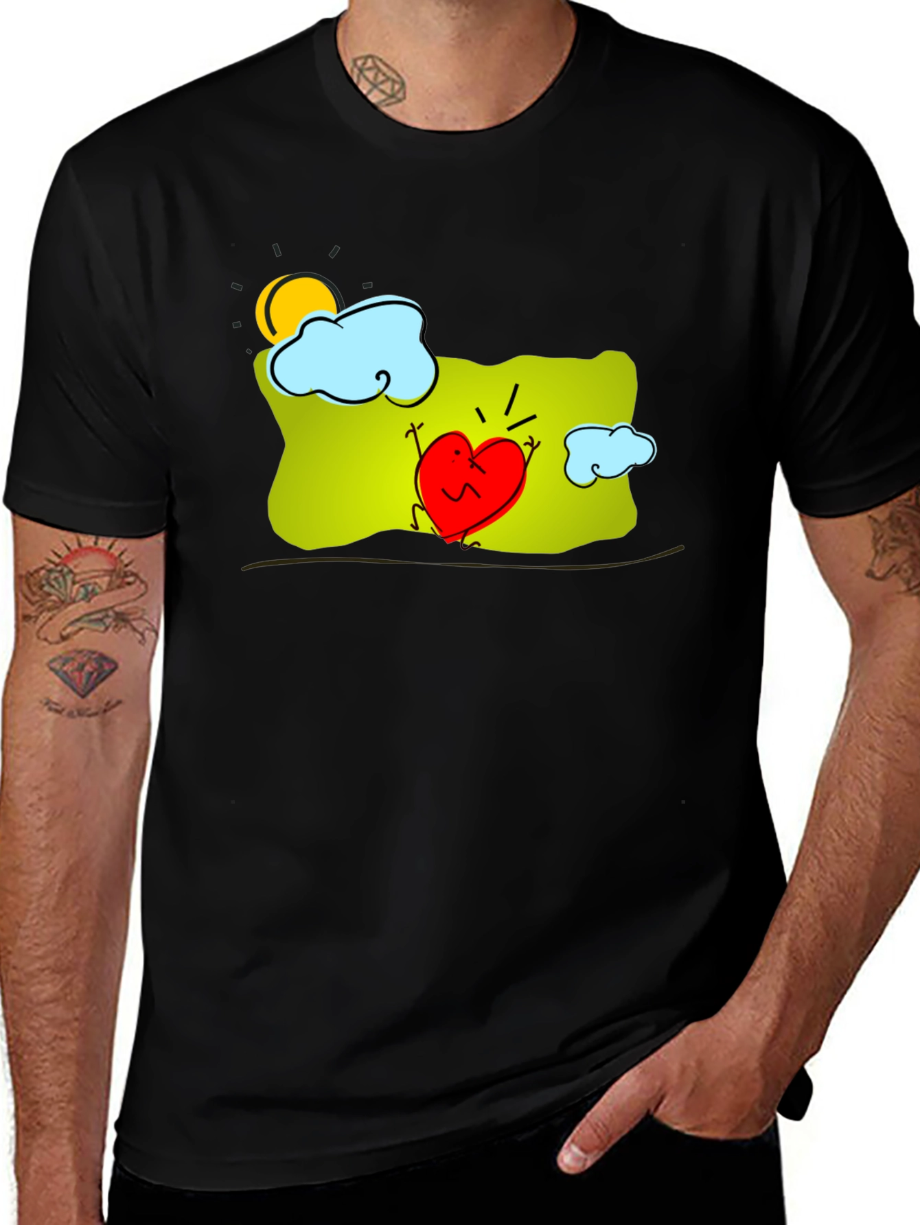 Heart Character Graphic Print Black T-Shirt