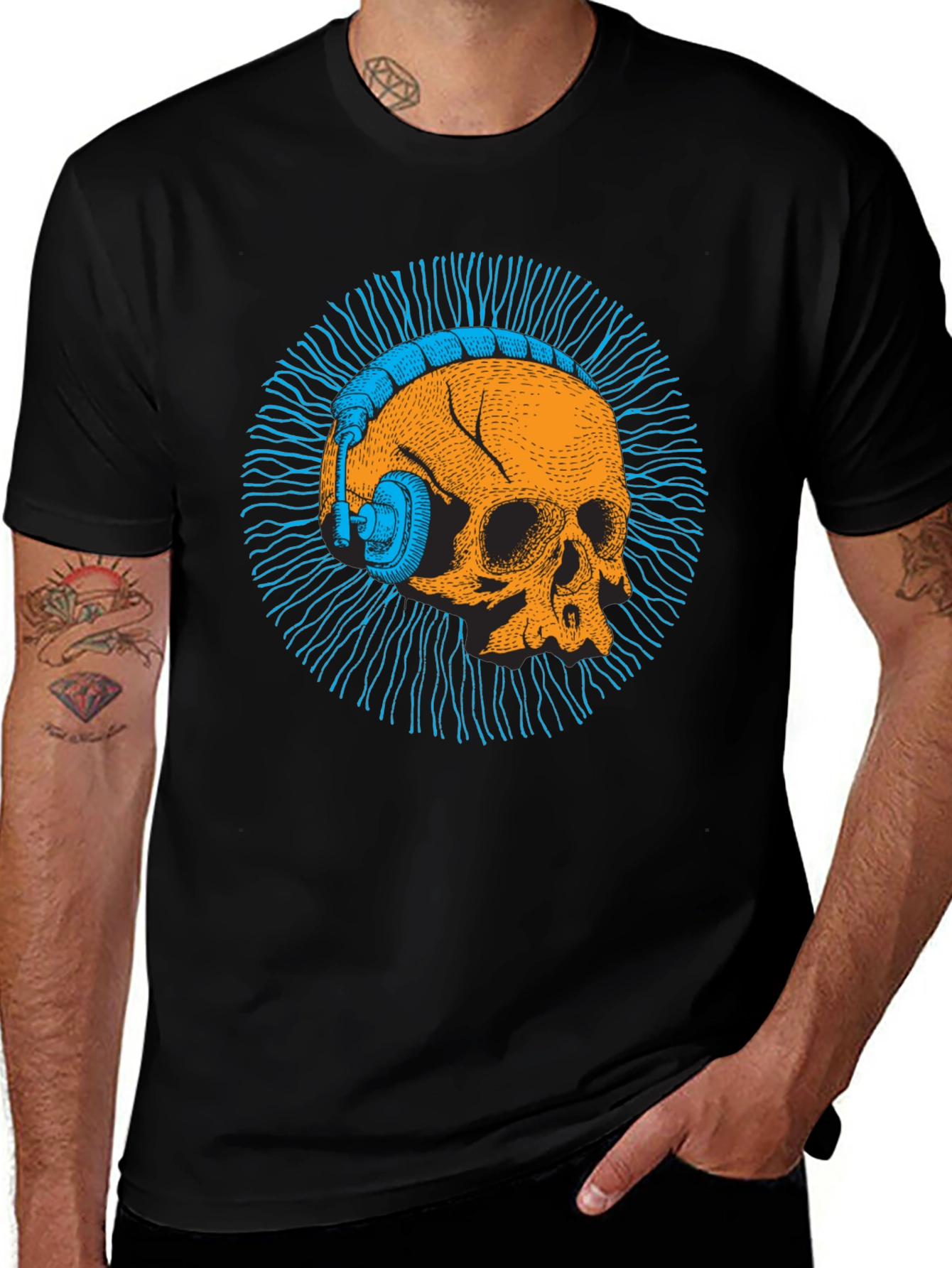Skull with Headphones Graphic Tee - Men's Black T-Shirt