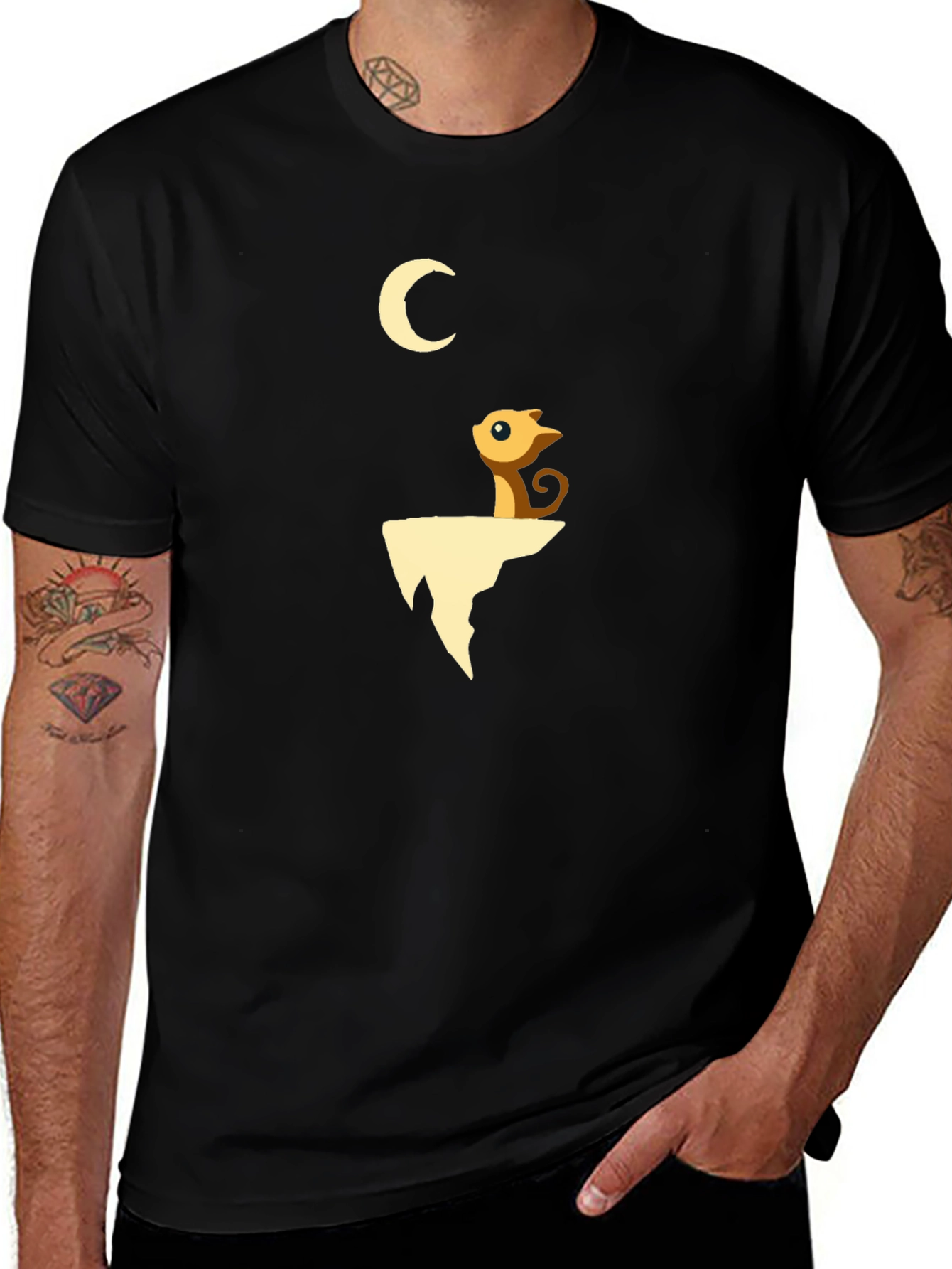 Variant 23 of Moon Gazing Cat Graphic Tee - Black Cotton Blend Shirt