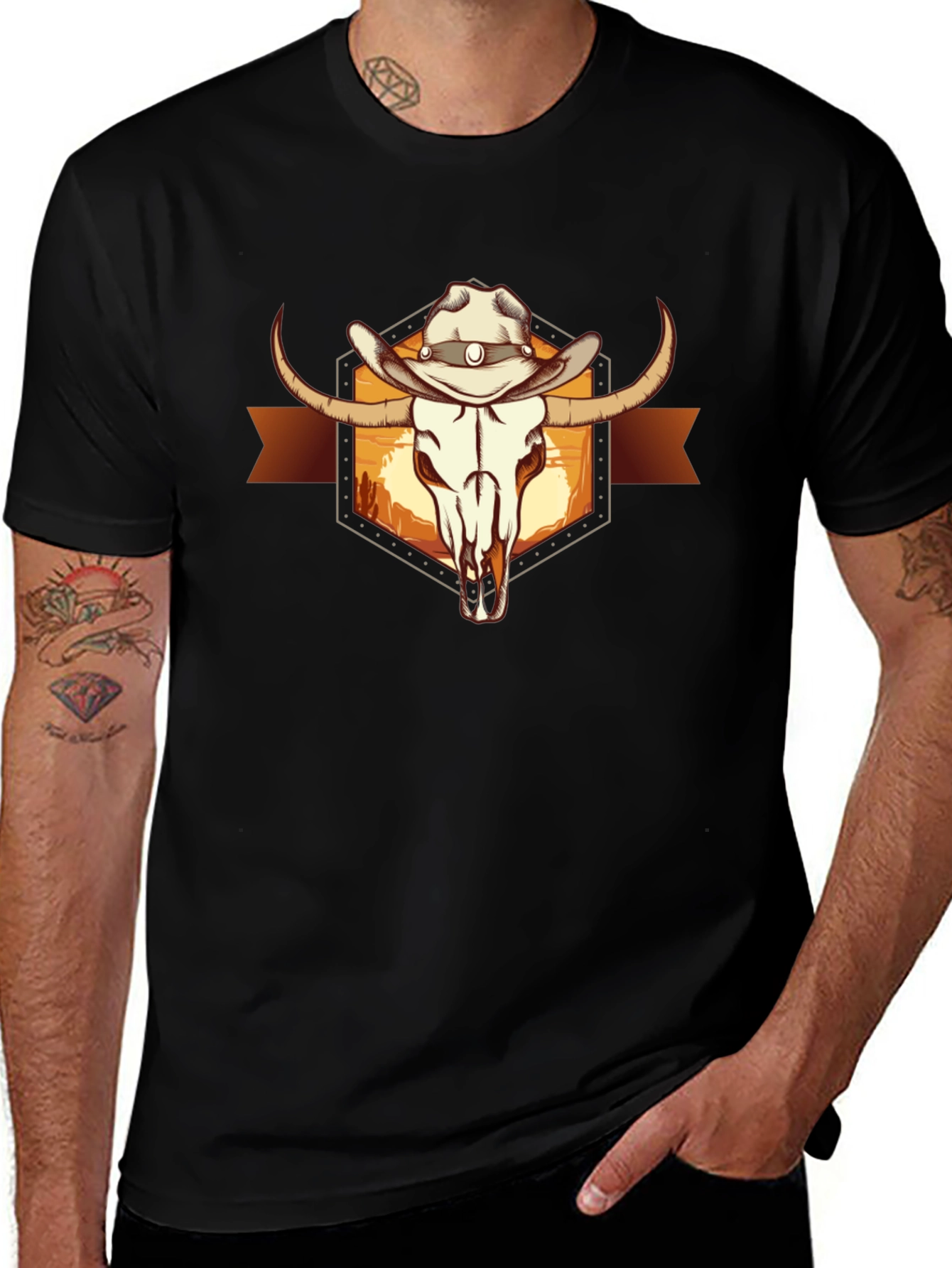 Variant 20 of Western Bull Skull Graphic Black T-Shirt