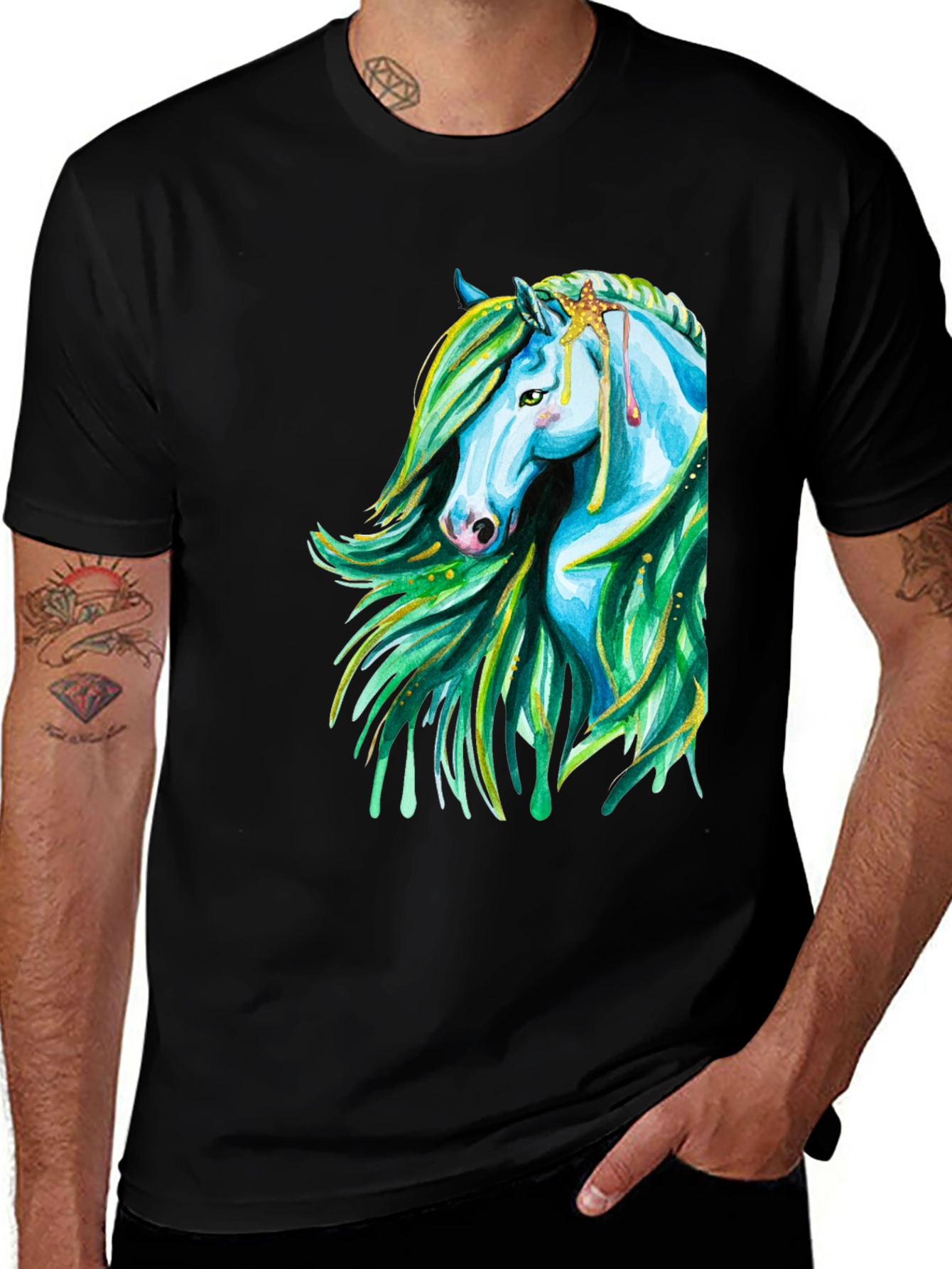 Variant 17 of Fantasy Horse Graphic Tee - Black Cotton Shirt