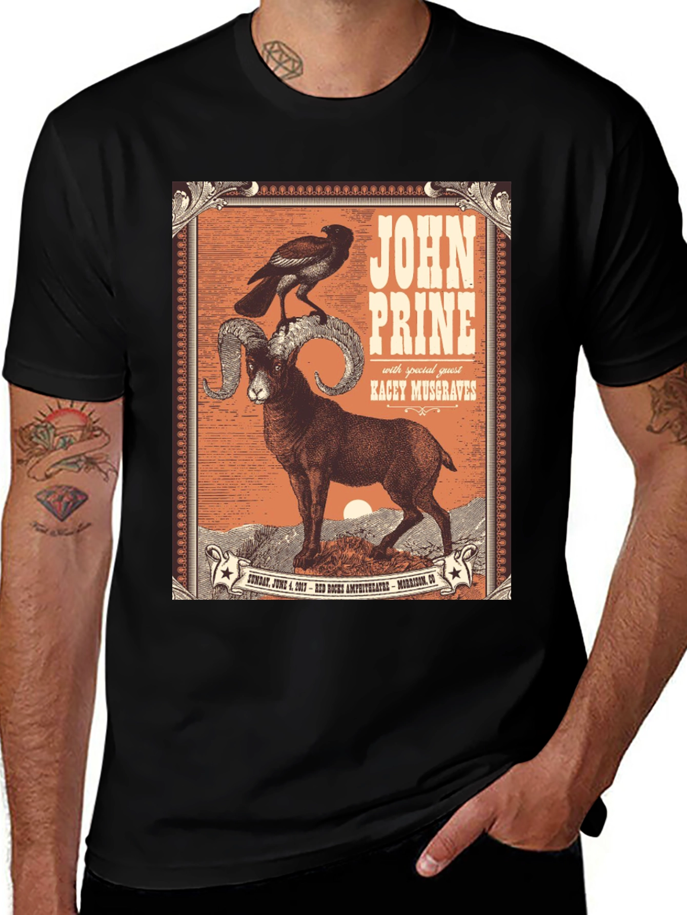 John Prine Concert T-Shirt with Ram and Crow Design
