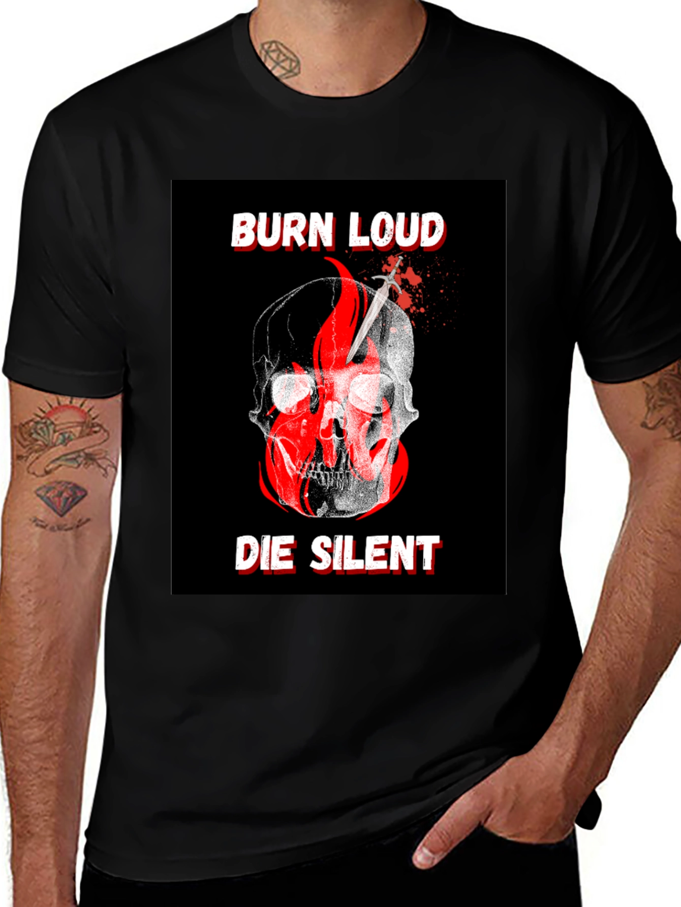 Variant 4 of Burn Loud Die Silent Skull Graphic Tee