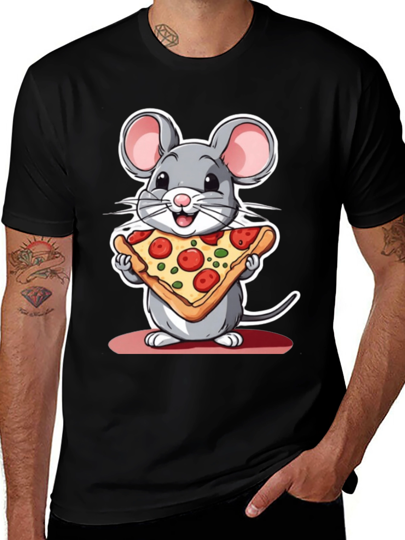 Black Cartoon Mouse Pizza Graphic Tee main image