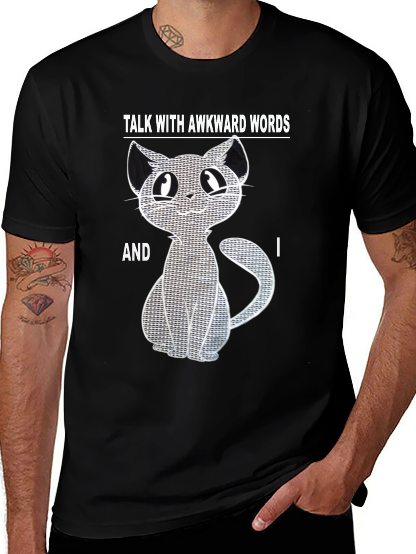 Variant 2 of Awkward Words Cat T-Shirt - Black Cotton Blend Graphic Tee