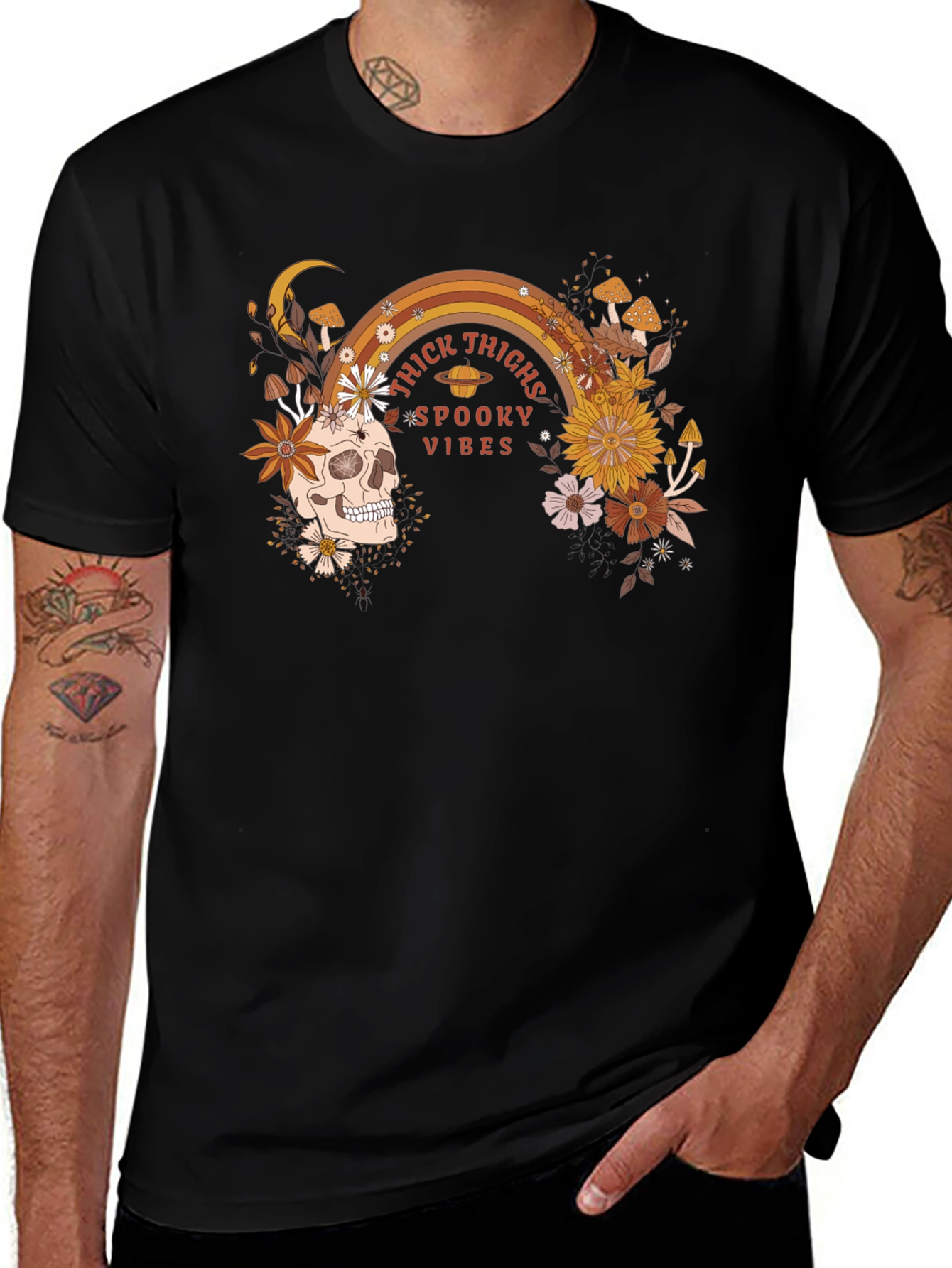 Variant 10 of Spooky Vibes Graphic Tee - Thick Thighs, Skull, Flowers