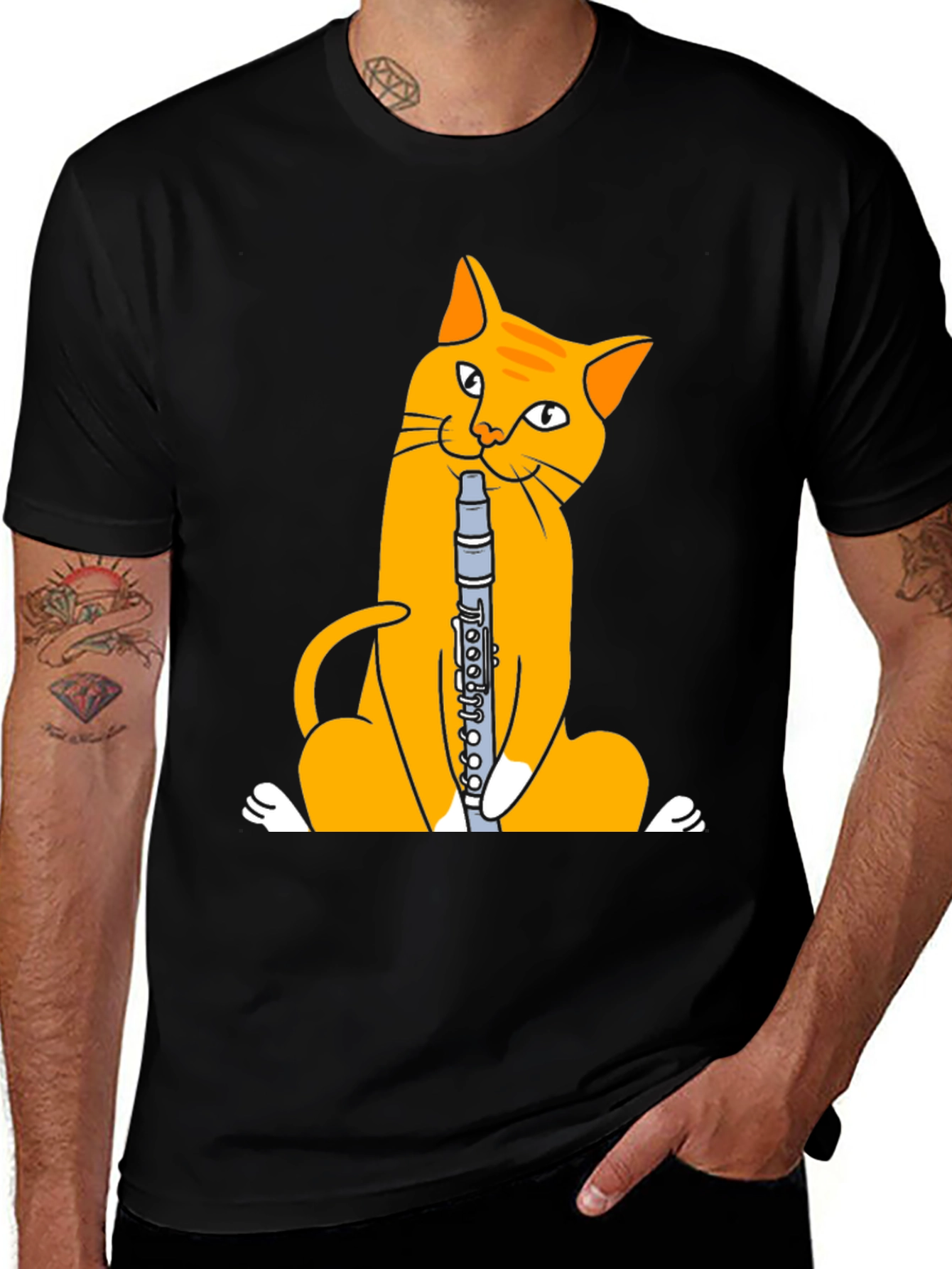 Variant 21 of Cat Playing Clarinet T-Shirt - Black Cotton Tee