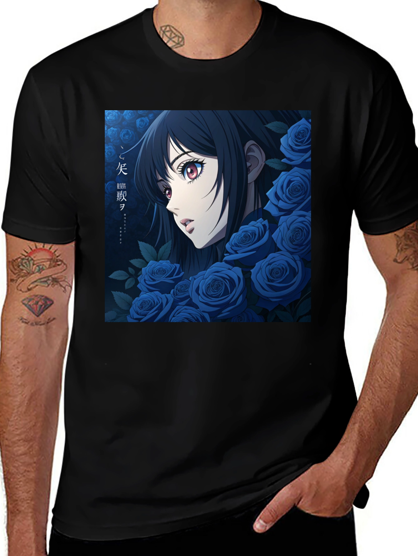 Anime Girl & Blue Roses Graphic Tee