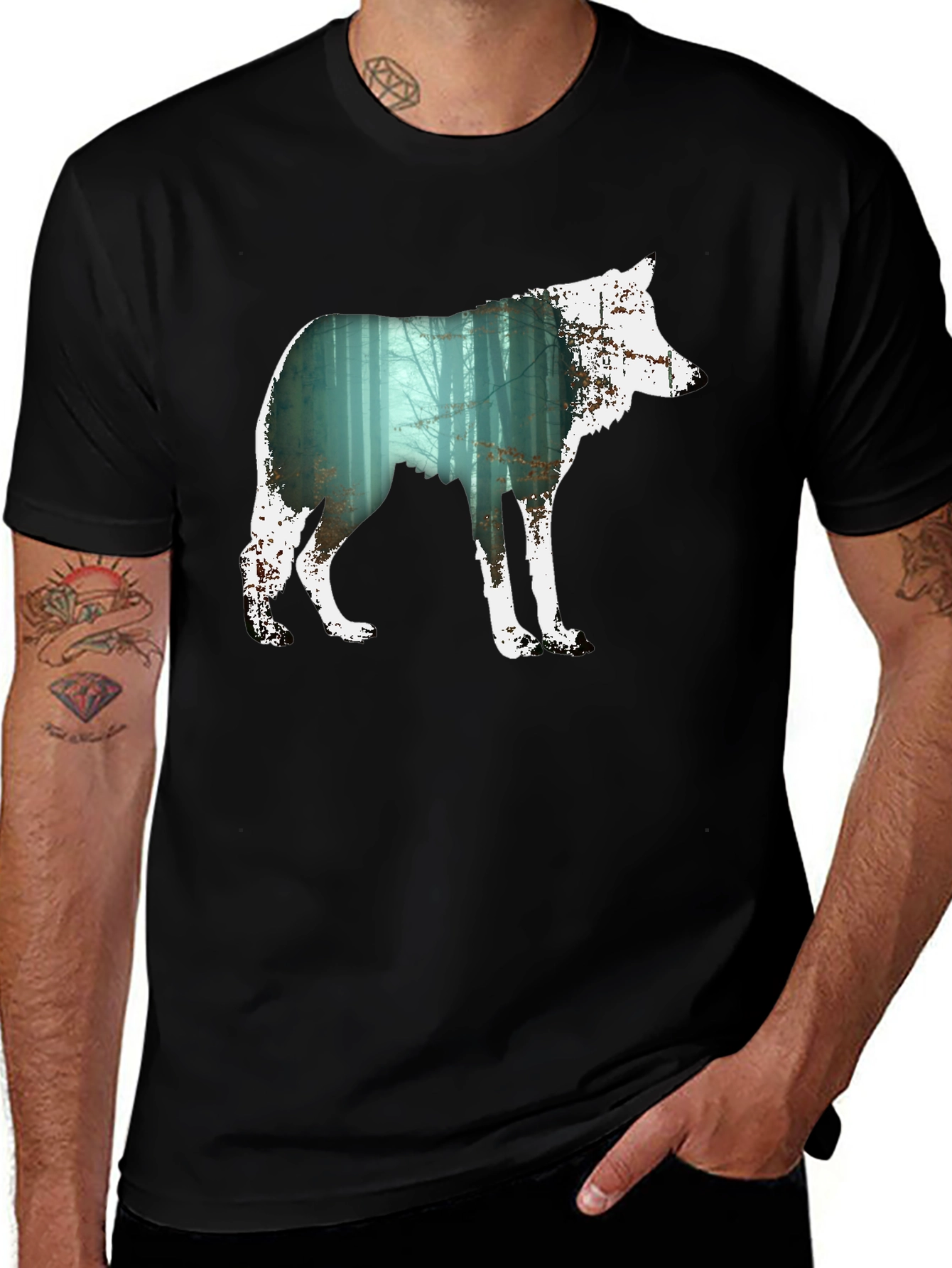 Variant 5 of Wolf Silhouette Forest Graphic Tee - Black
