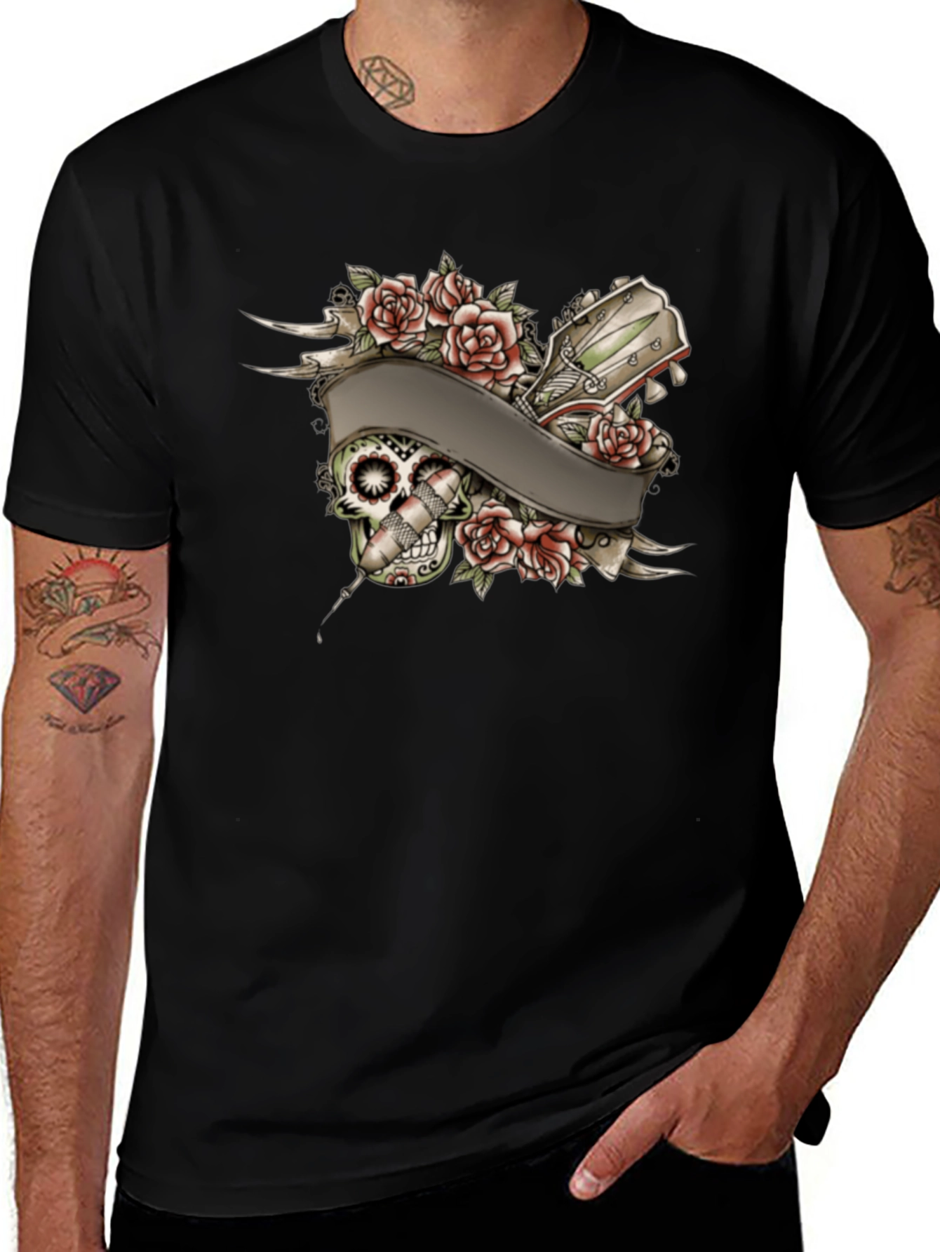 Variant 3 of Skull Roses Tattoo Style Graphic Tee
