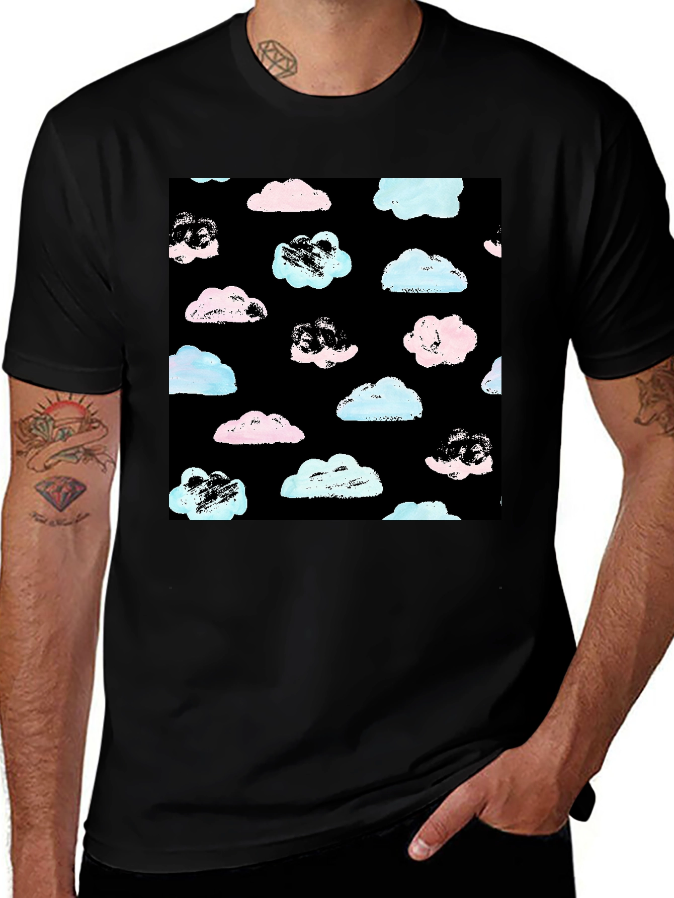 Variant 4 of Cloud Print Black Crew Neck T-Shirt