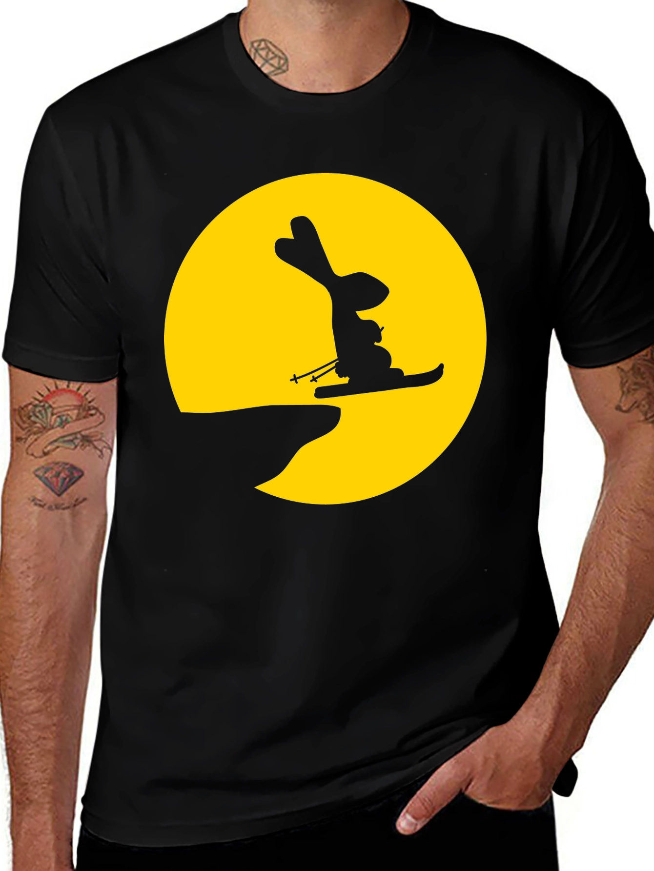 Variant 30 of Rabbit Skiing Moon Graphic Tee - Black Cotton Shirt