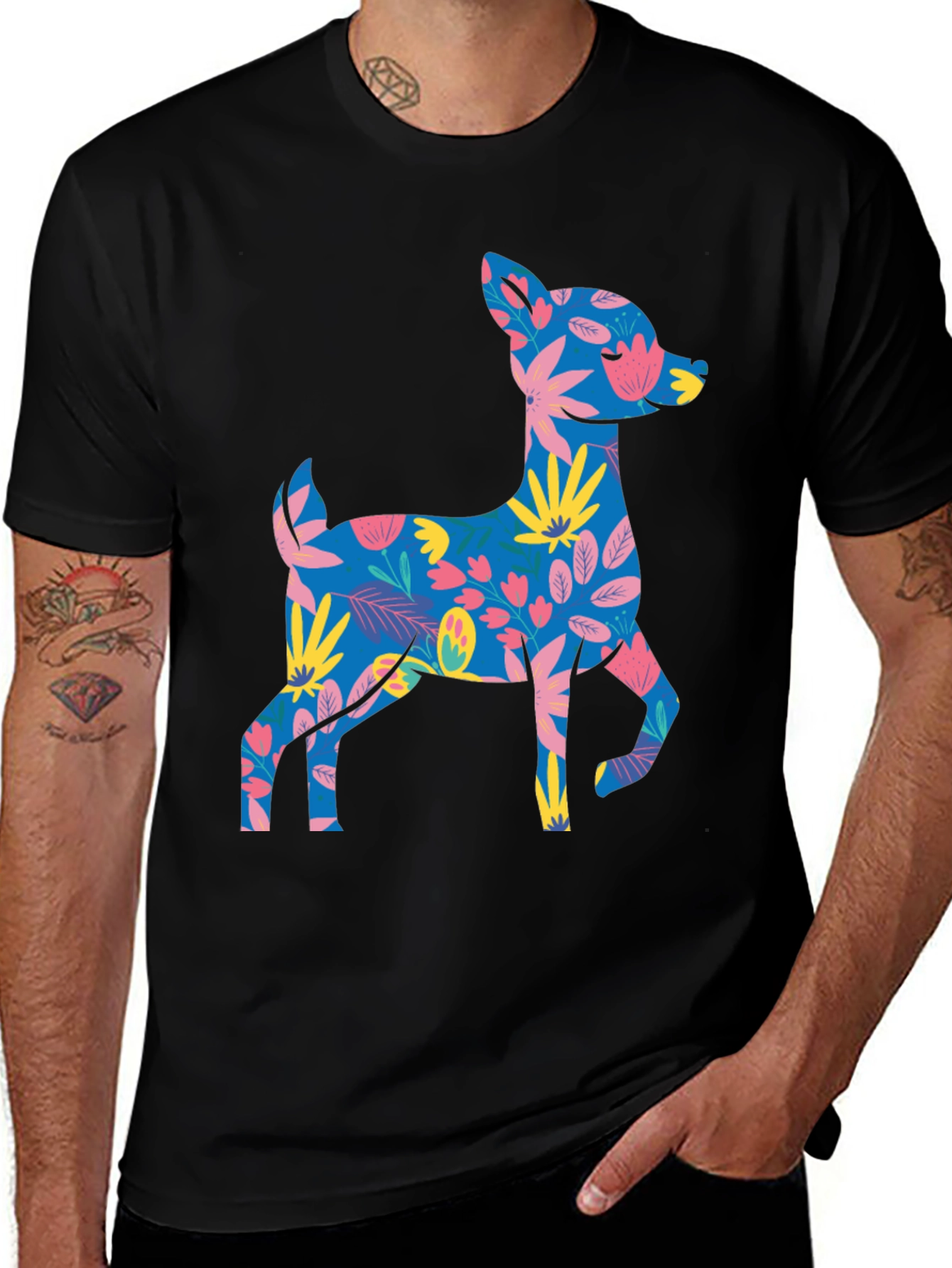 Variant 8 of Floral Deer Graphic Tee - Men's Black T-Shirt