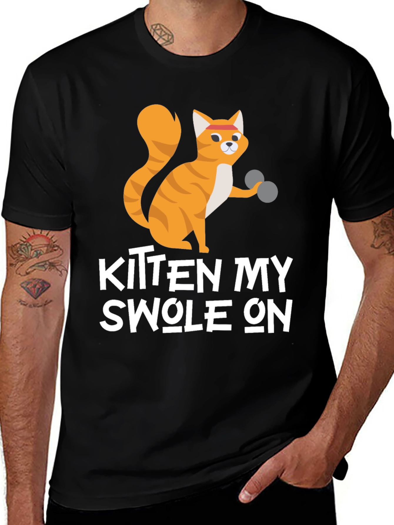 Variant 14 of Kitten My Swole On T-Shirt - Workout Cat Design