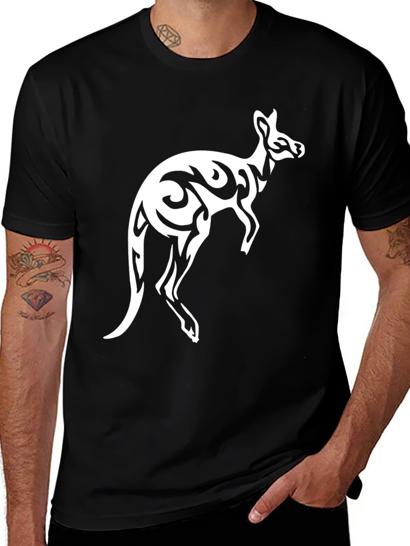 Variant 9 of Tribal Kangaroo Graphic Tee - Black Cotton T-Shirt