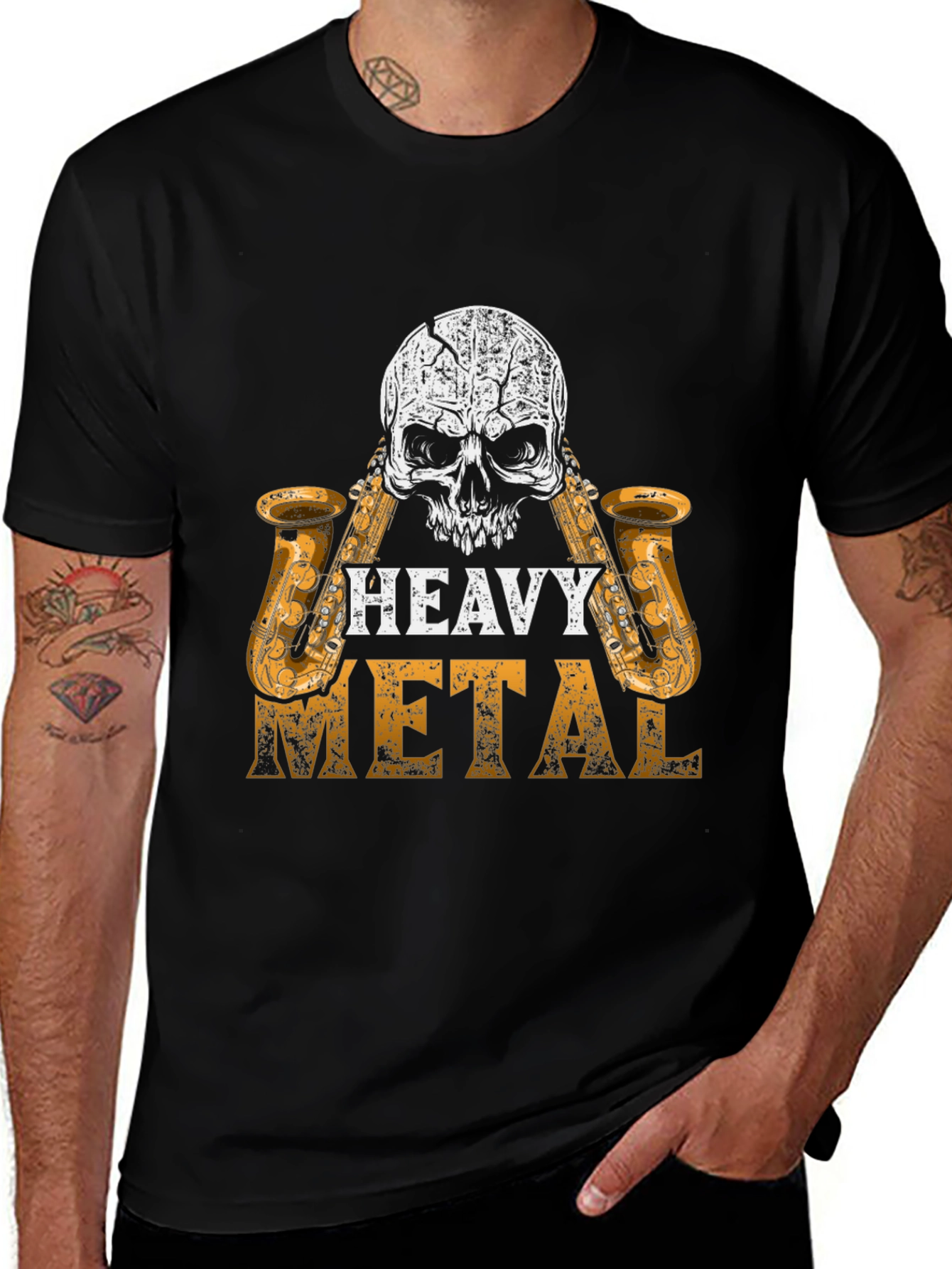 Black Heavy Metal Skull Saxophone Graphic Black T-Shirt main image