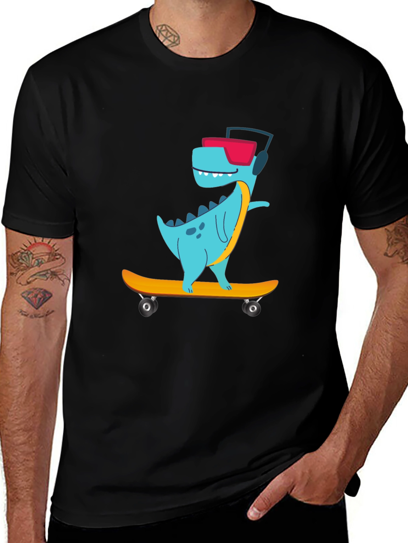 Variant 28 of Cool Dinosaur Skateboarder Graphic Tee - Black Cotton