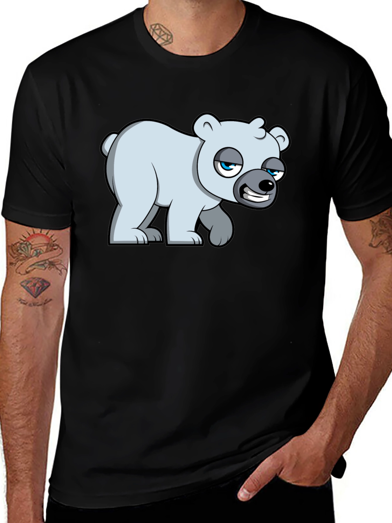 Variant 27 of Cartoon Polar Bear Graphic T-Shirt - Black Cotton Blend