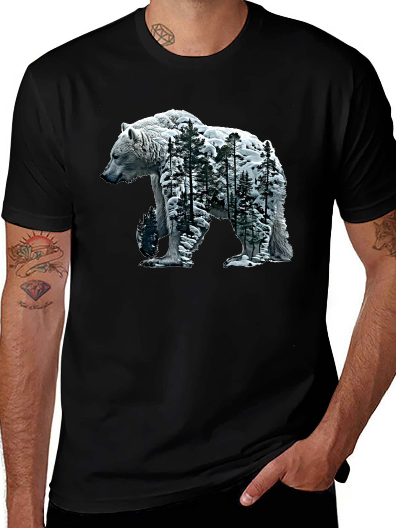 Bear and Forest Graphic Tee - Black