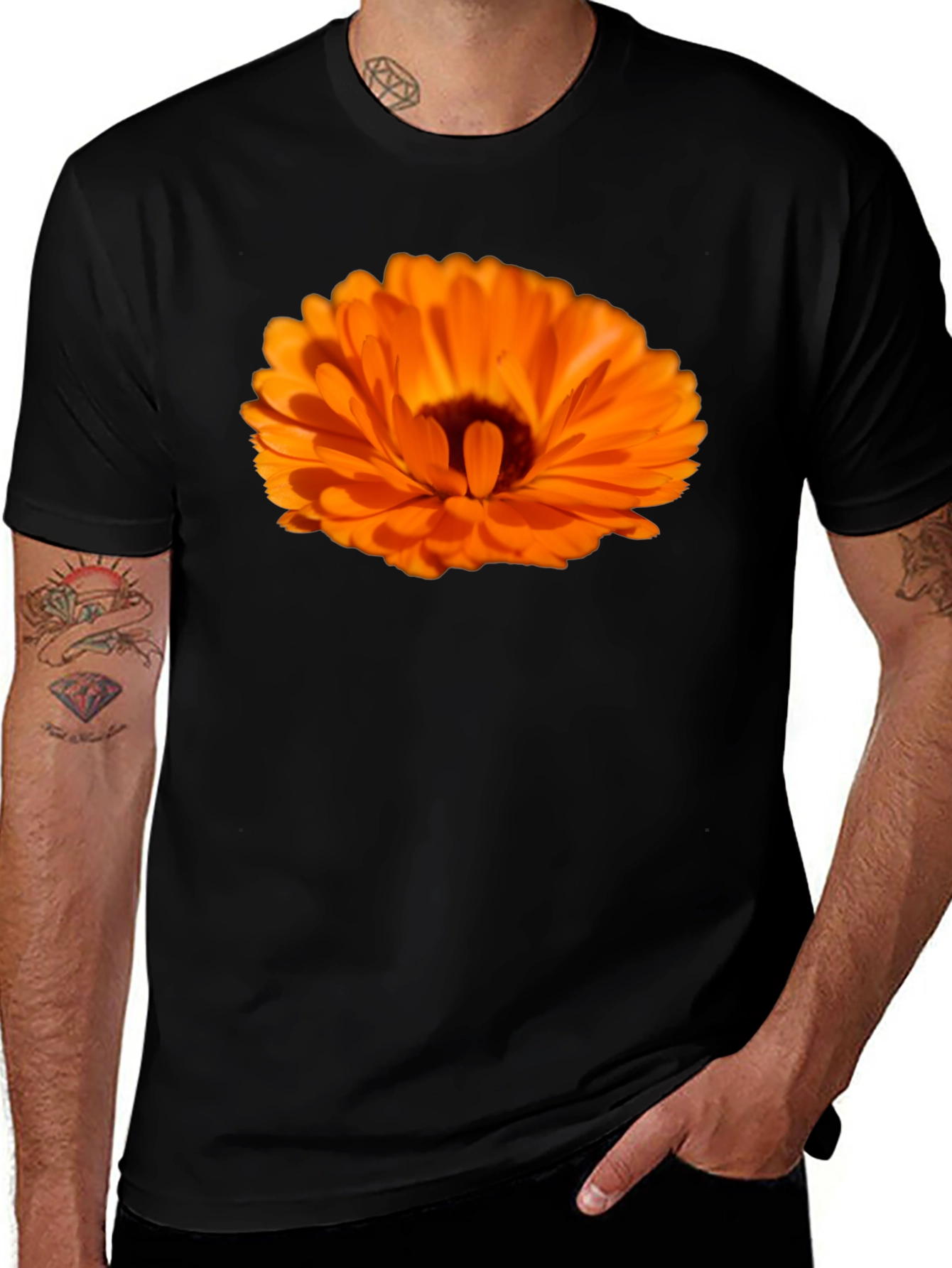 Variant 13 of Orange Flower Graphic T-Shirt, Men's Black Tee