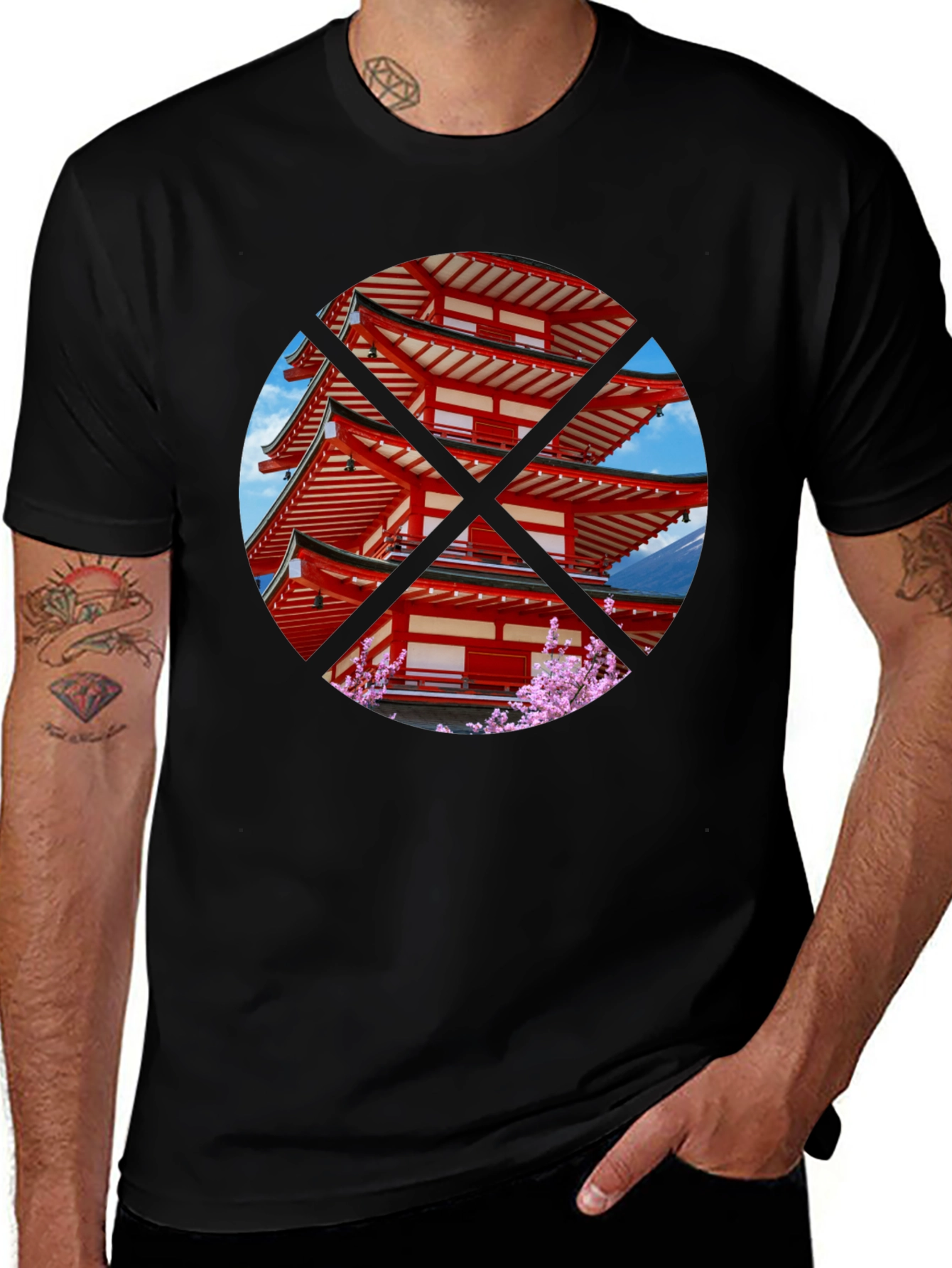 Variant 9 of Japanese Pagoda T-Shirt - Black Crew Neck Tee