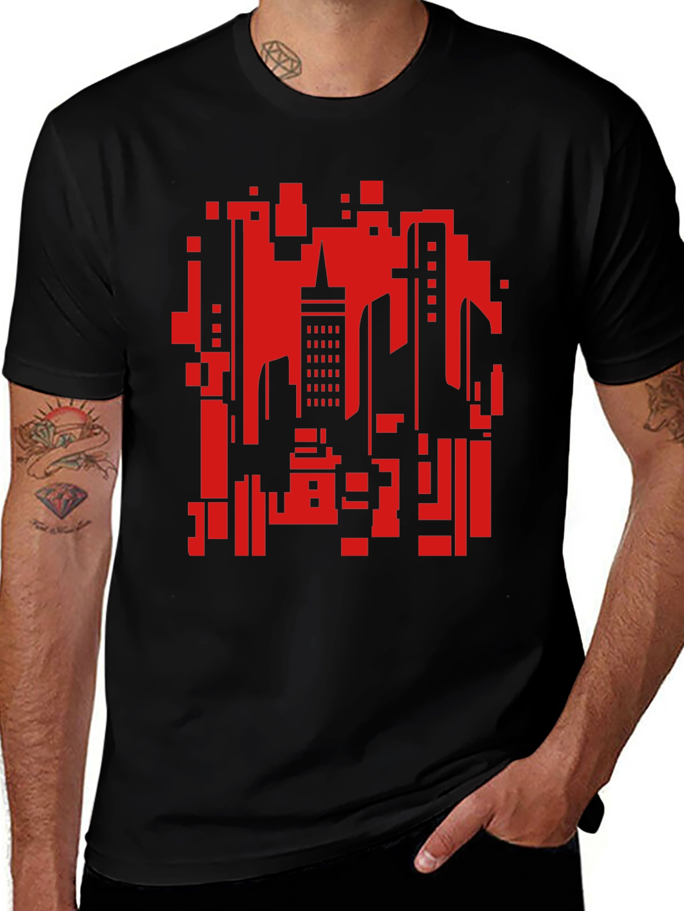 Variant 6 of Modern Black T-Shirt with Abstract Red Cityscape
