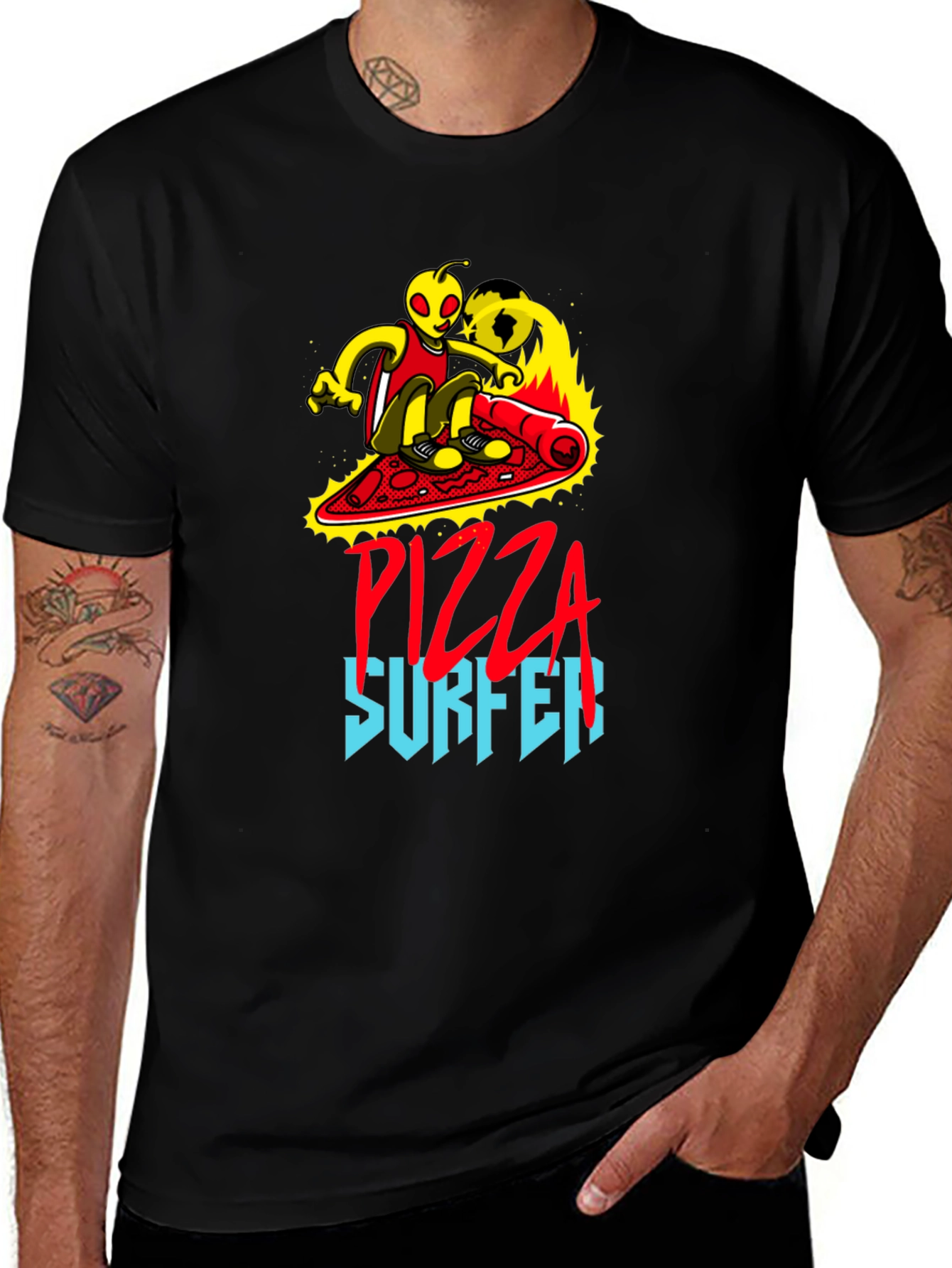 Variant 13 of Pizza Surfer Graphic Tee - Unique Alien Design
