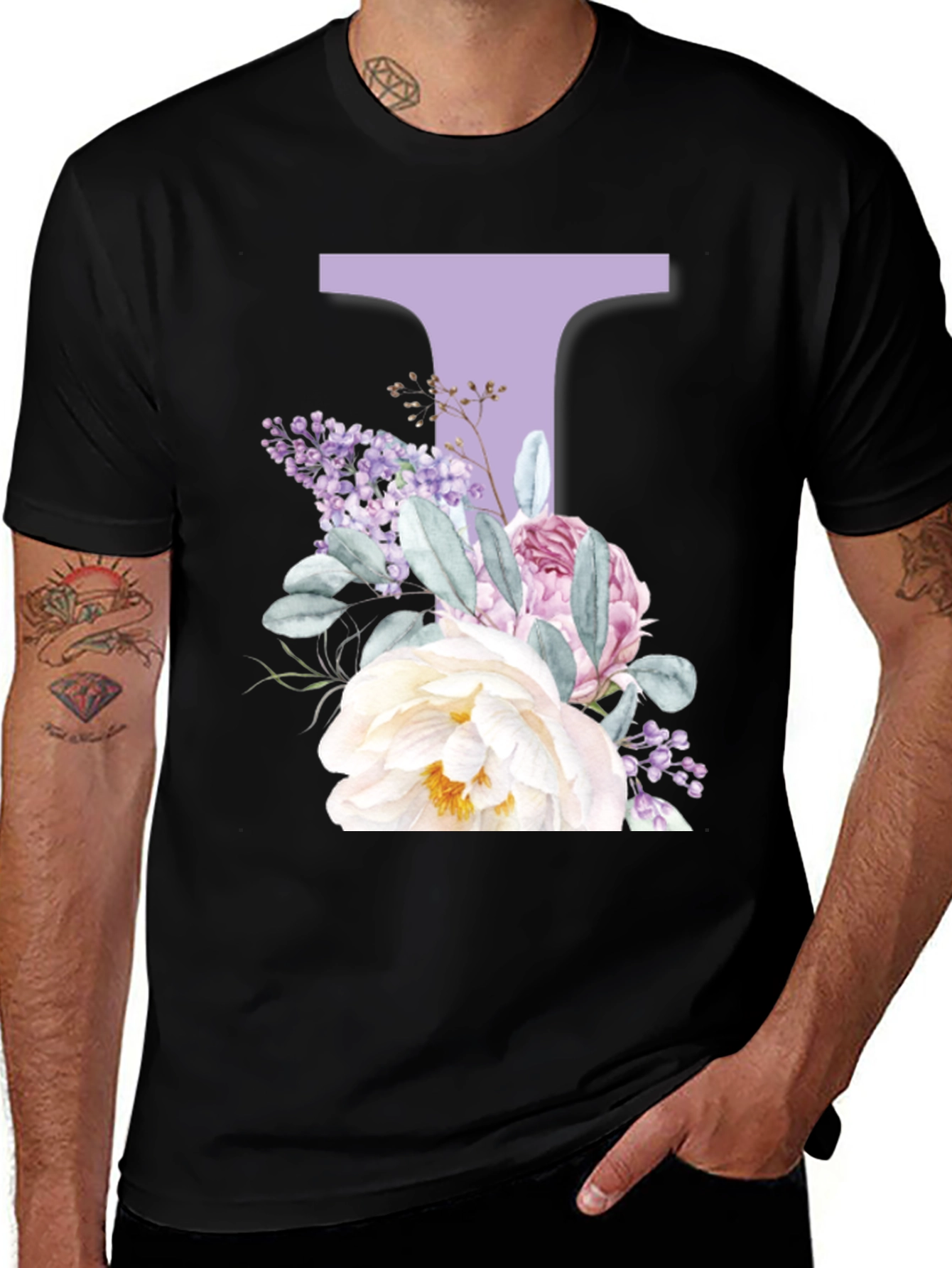 Variant 26 of Floral Letter 'T' Black T-Shirt