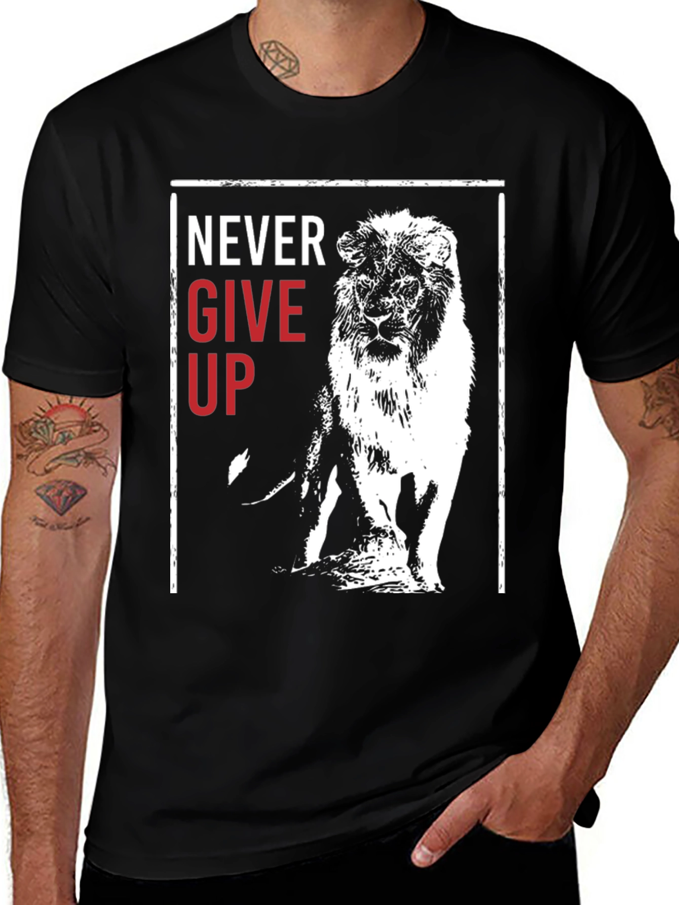 Variant 16 of Lion Never Give Up Graphic Print Crew Neck Tee