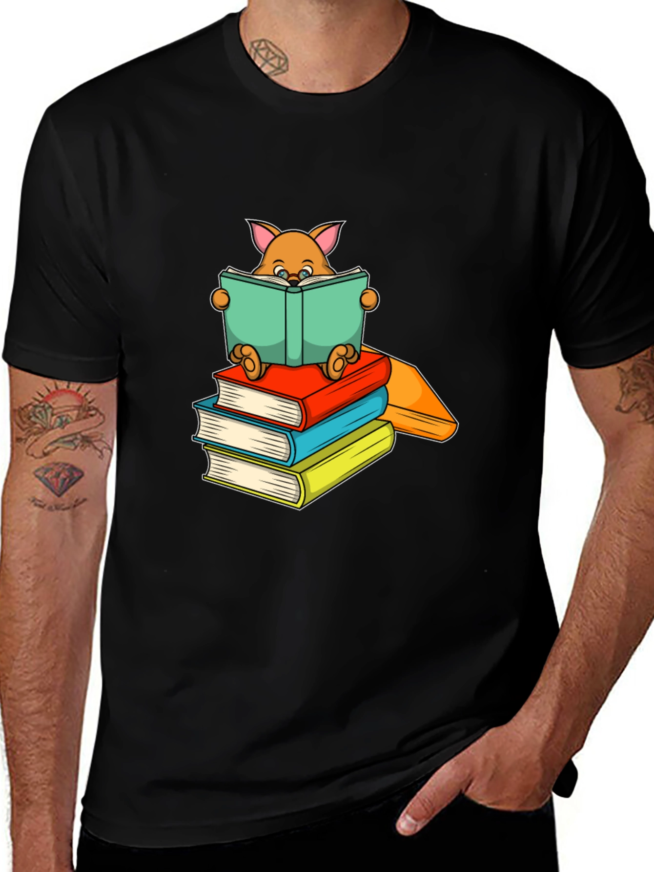Variant 29 of Bookworm Cat T-Shirt - Black