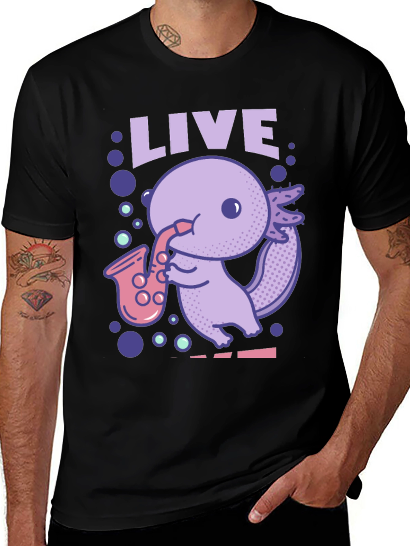 Variant 4 of Live Saxolotl Black T-Shirt - Fun Axolotl Music Tee