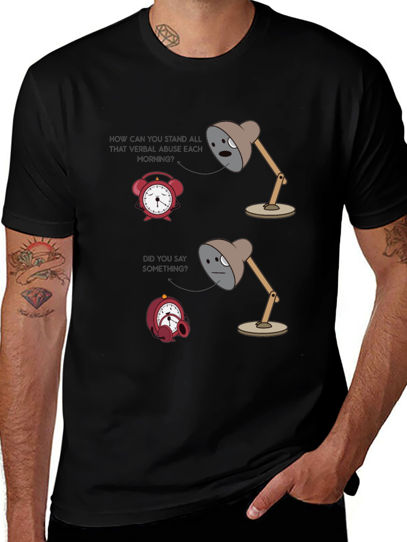 Variant 22 of Humorous Graphic T-Shirt: Lamp & Alarm Clock Design