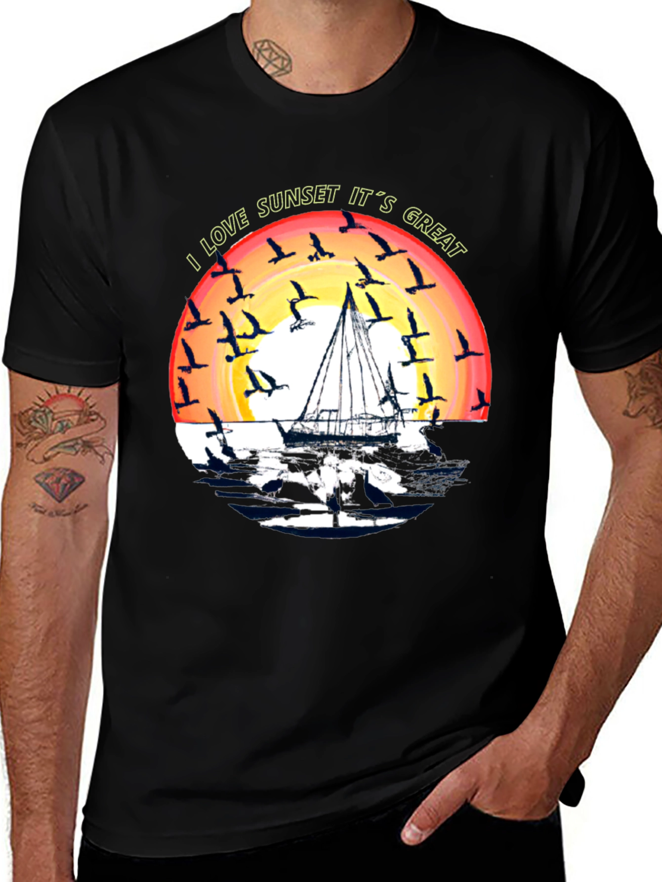 Variant 28 of Sunset Sailing T-Shirt:  I Love Sunset It's Great Tee