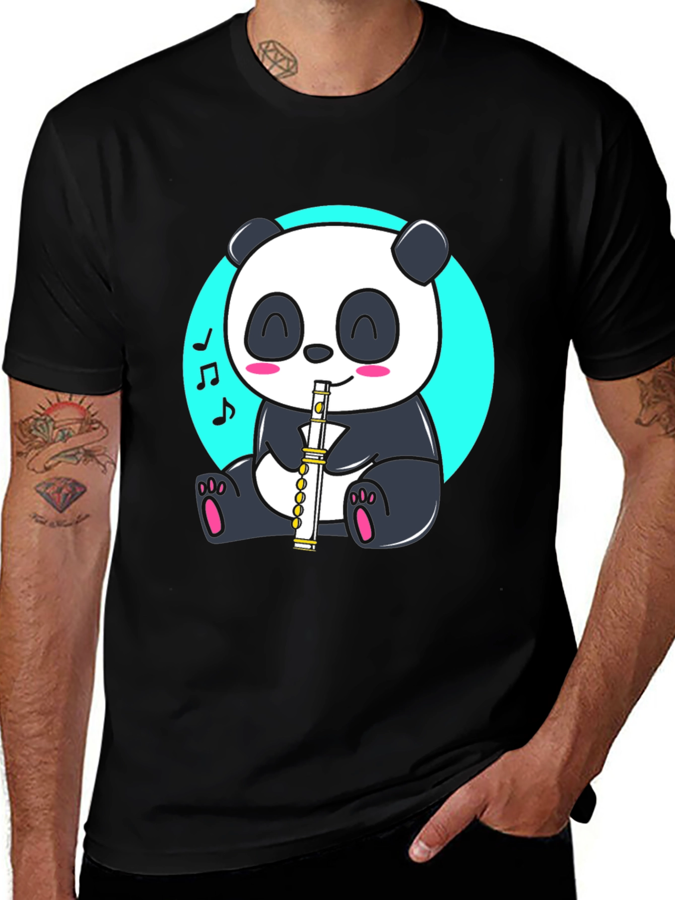 Variant 13 of Panda Playing Flute Graphic Tee - Black