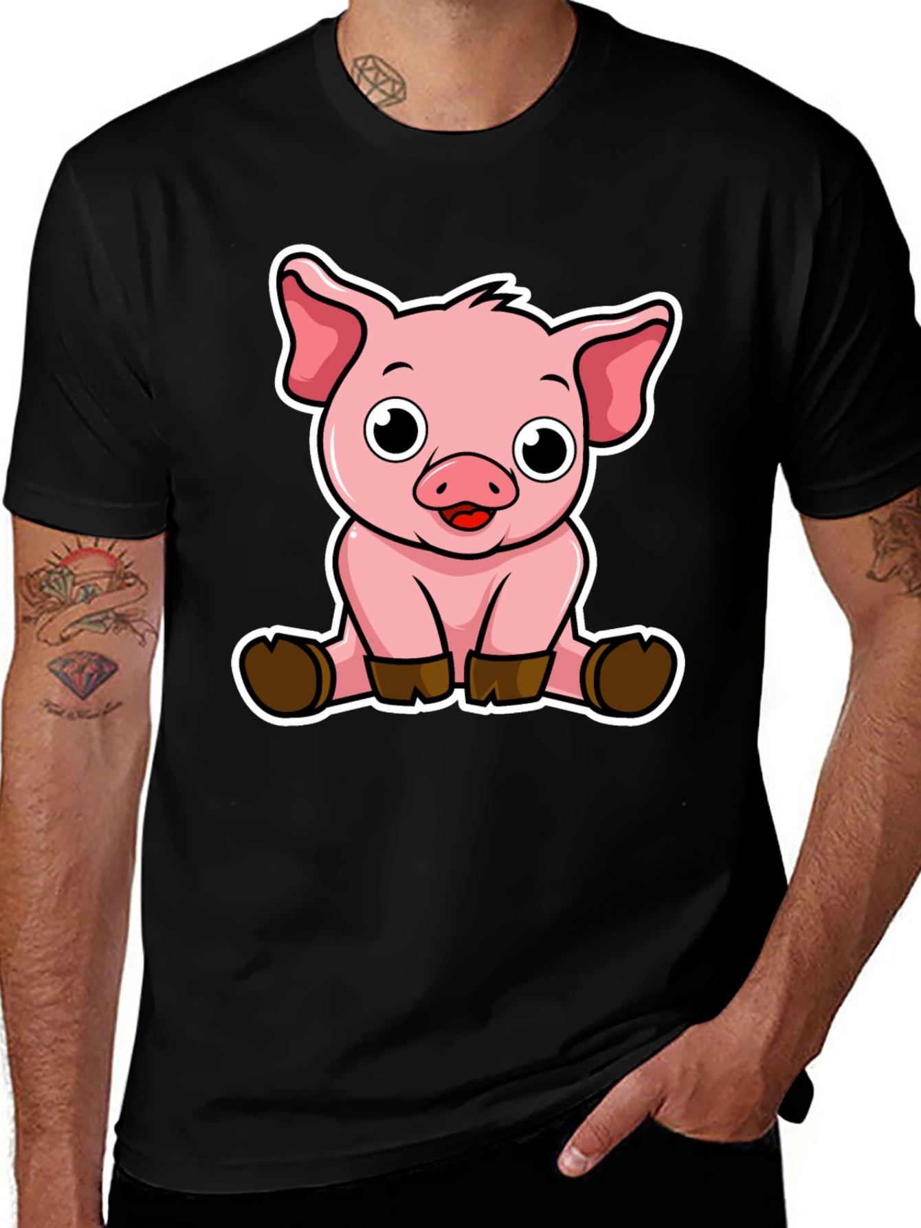Variant 15 of Cute Pig Graphic Tee - Black Cotton T-Shirt