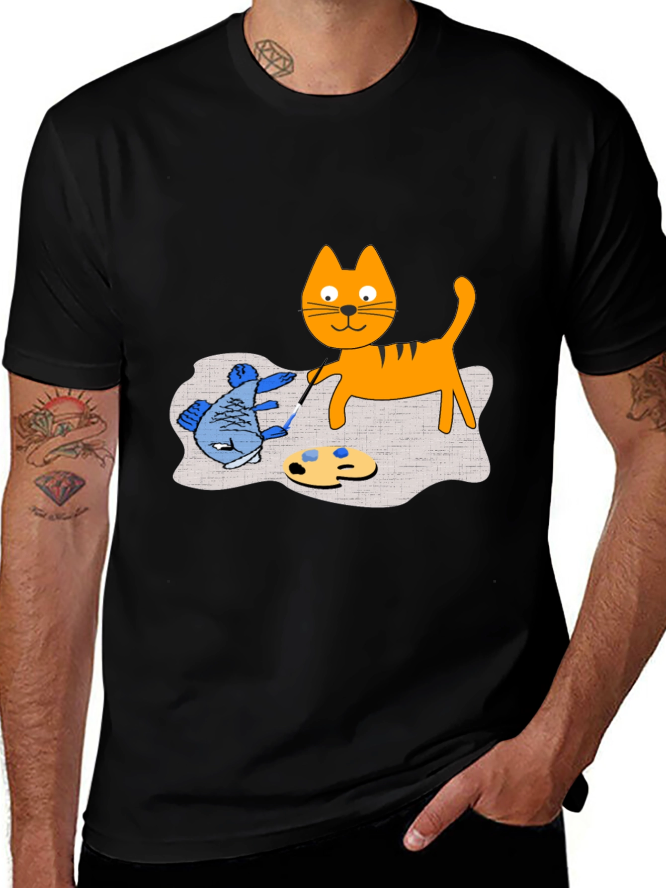 Variant 5 of Artistic Cat & Fish Graphic Tee
