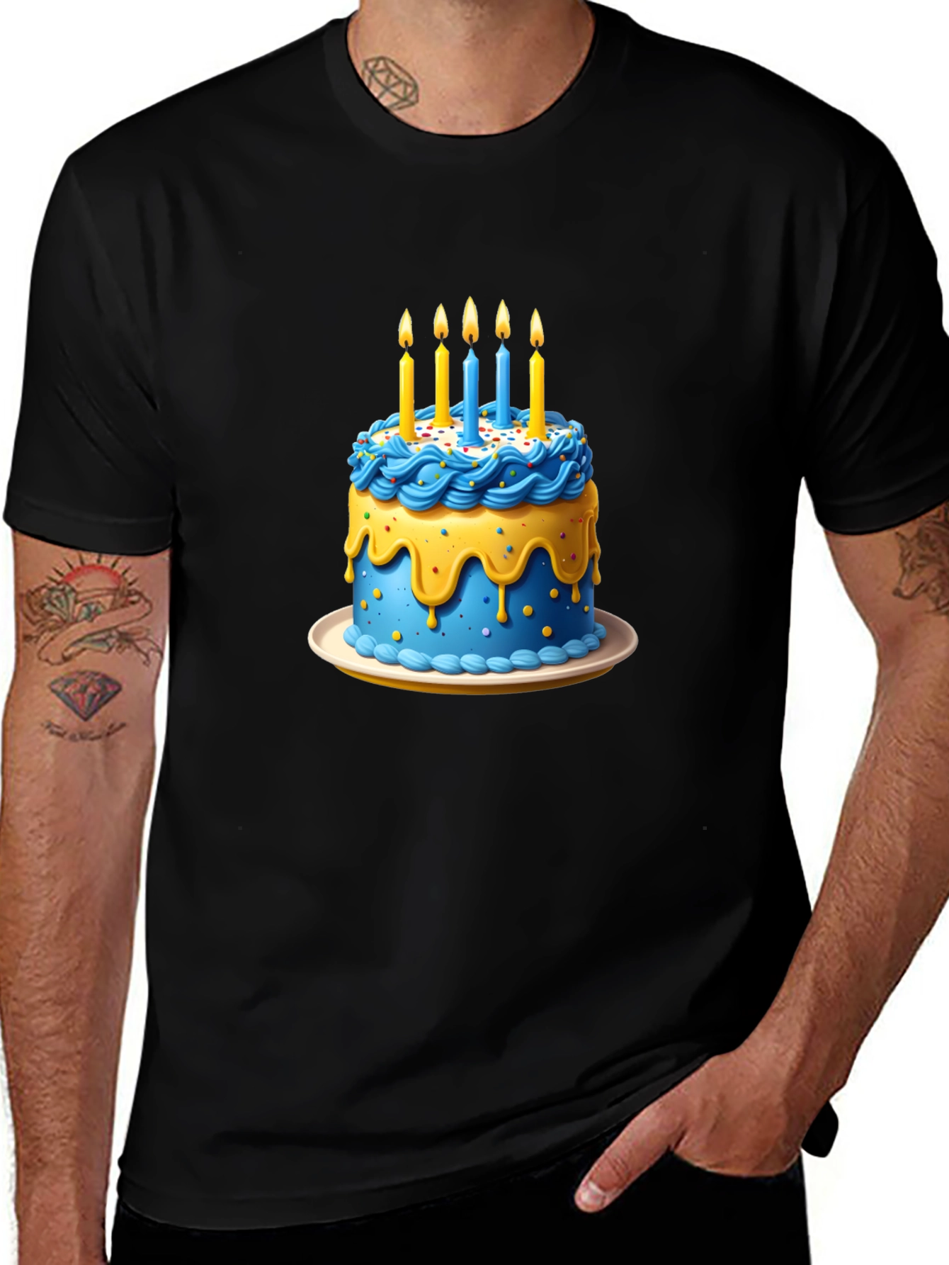 Variant 9 of Birthday Cake Graphic T-Shirt - Black Crew Neck