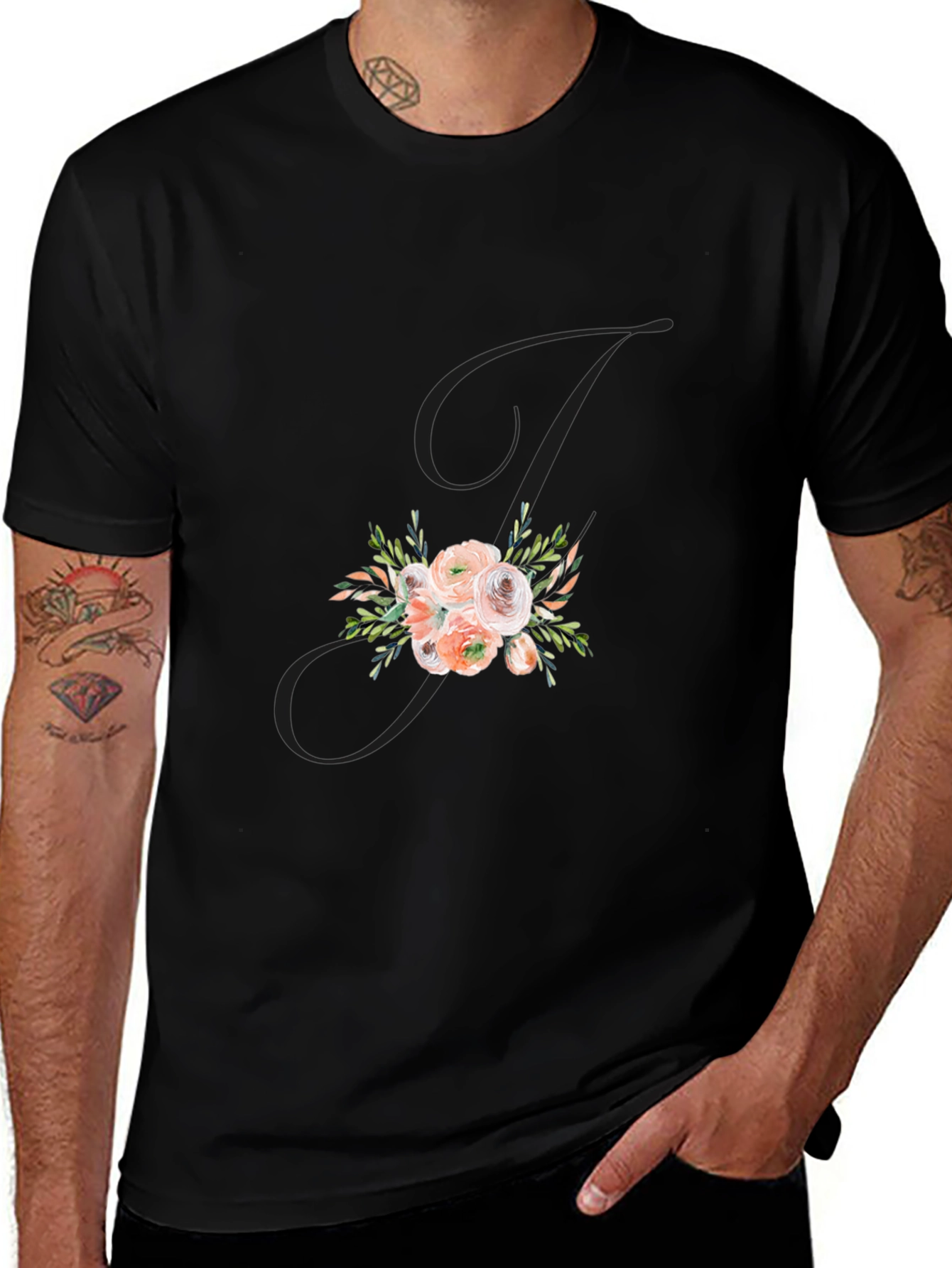 Variant 17 of Floral Letter "J" Black Graphic Tee