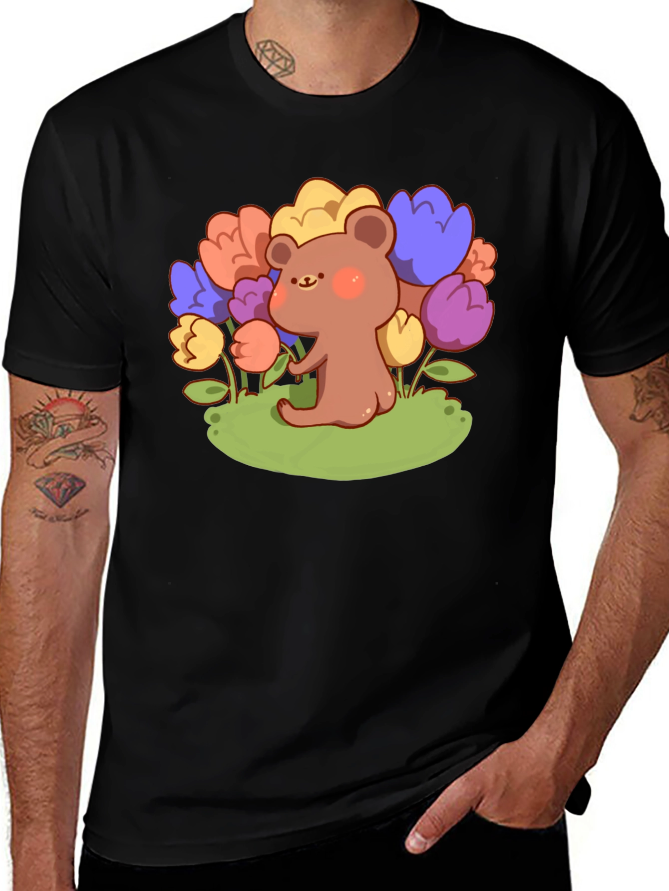 Variant 17 of Cute Bear and Flowers Graphic T-Shirt - Black