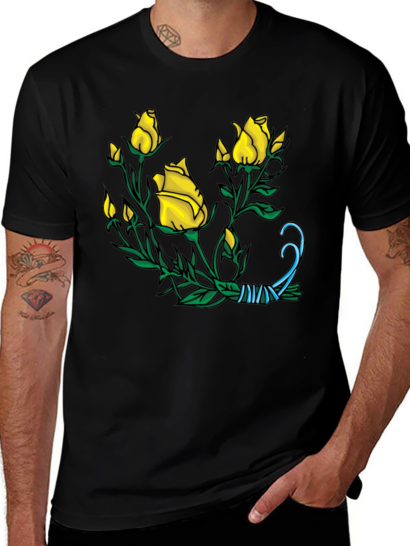 Variant 13 of Black T-Shirt with Yellow Rose Bouquet Design