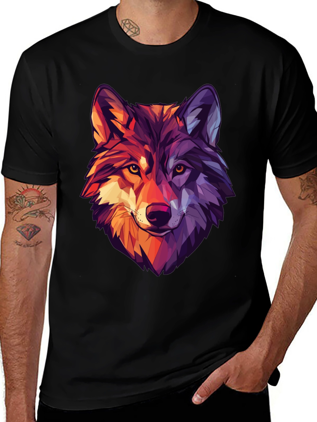 Black Geometric Wolf Graphic Print Black T-Shirt main image
