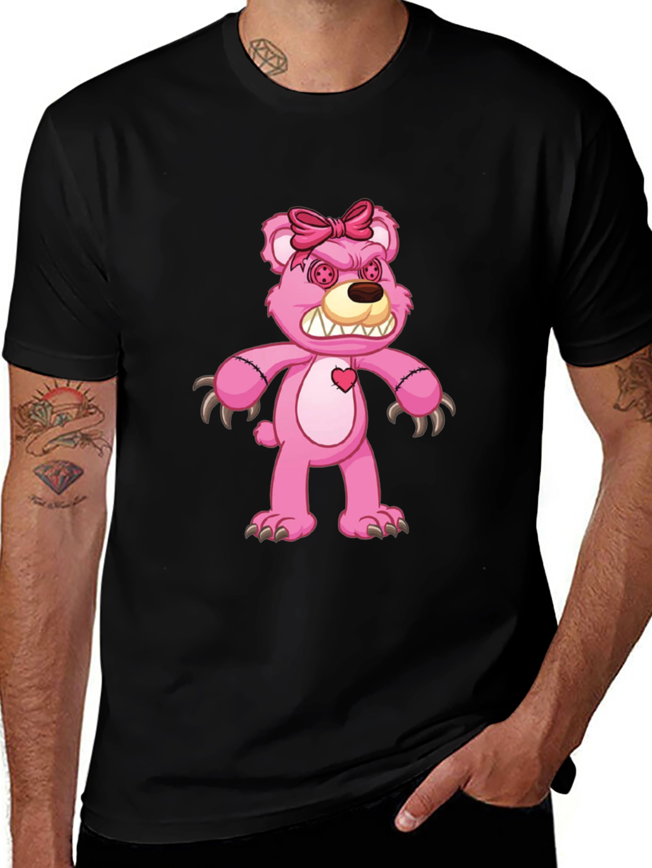 Variant 23 of Men's Black T-Shirt with Evil Pink Bear Graphic