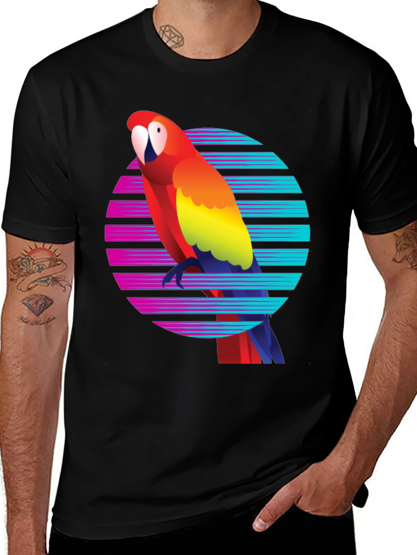 Variant 6 of Retro Parrot Graphic Tee - Men's Black T-Shirt
