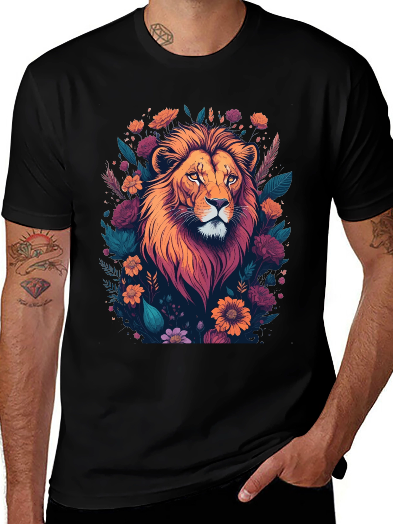 Variant 7 of Floral Lion Graphic Tee - Stylish Black T-Shirt