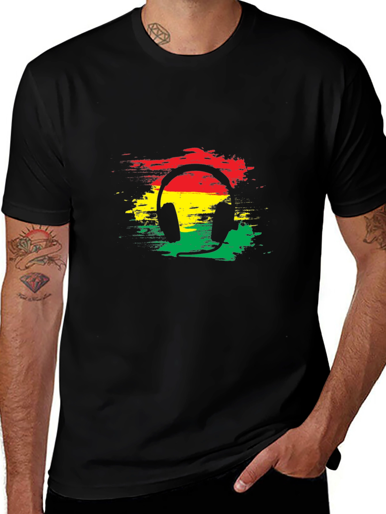 Variant 3 of Rasta Headphone Graphic Tee - Black Cotton Blend